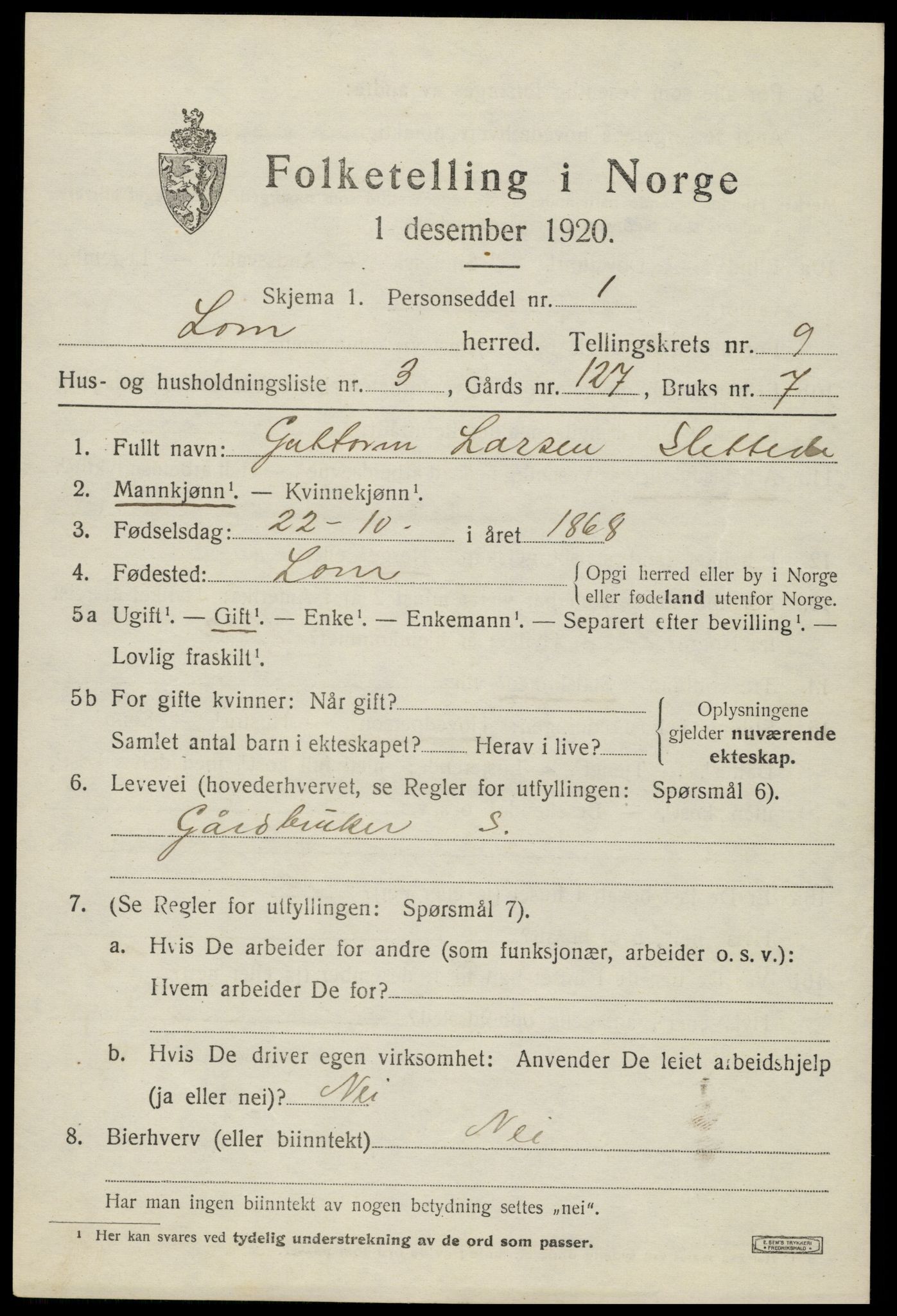 SAH, Folketelling 1920 for 0514 Lom herred, 1920, s. 5092