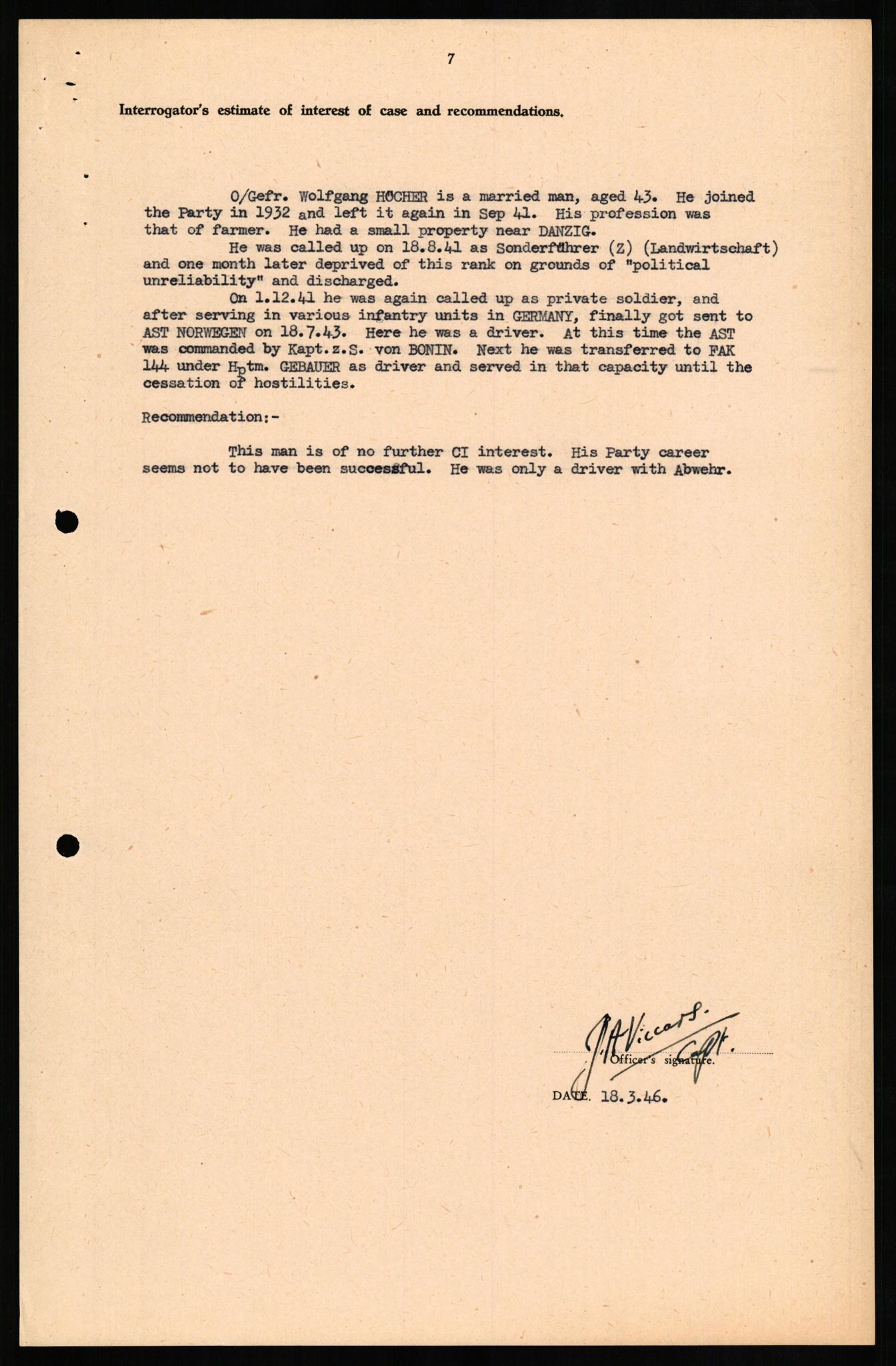 Forsvaret, Forsvarets overkommando II, RA/RAFA-3915/D/Db/L0014: CI Questionaires. Tyske okkupasjonsstyrker i Norge. Tyskere., 1945-1946, s. 249