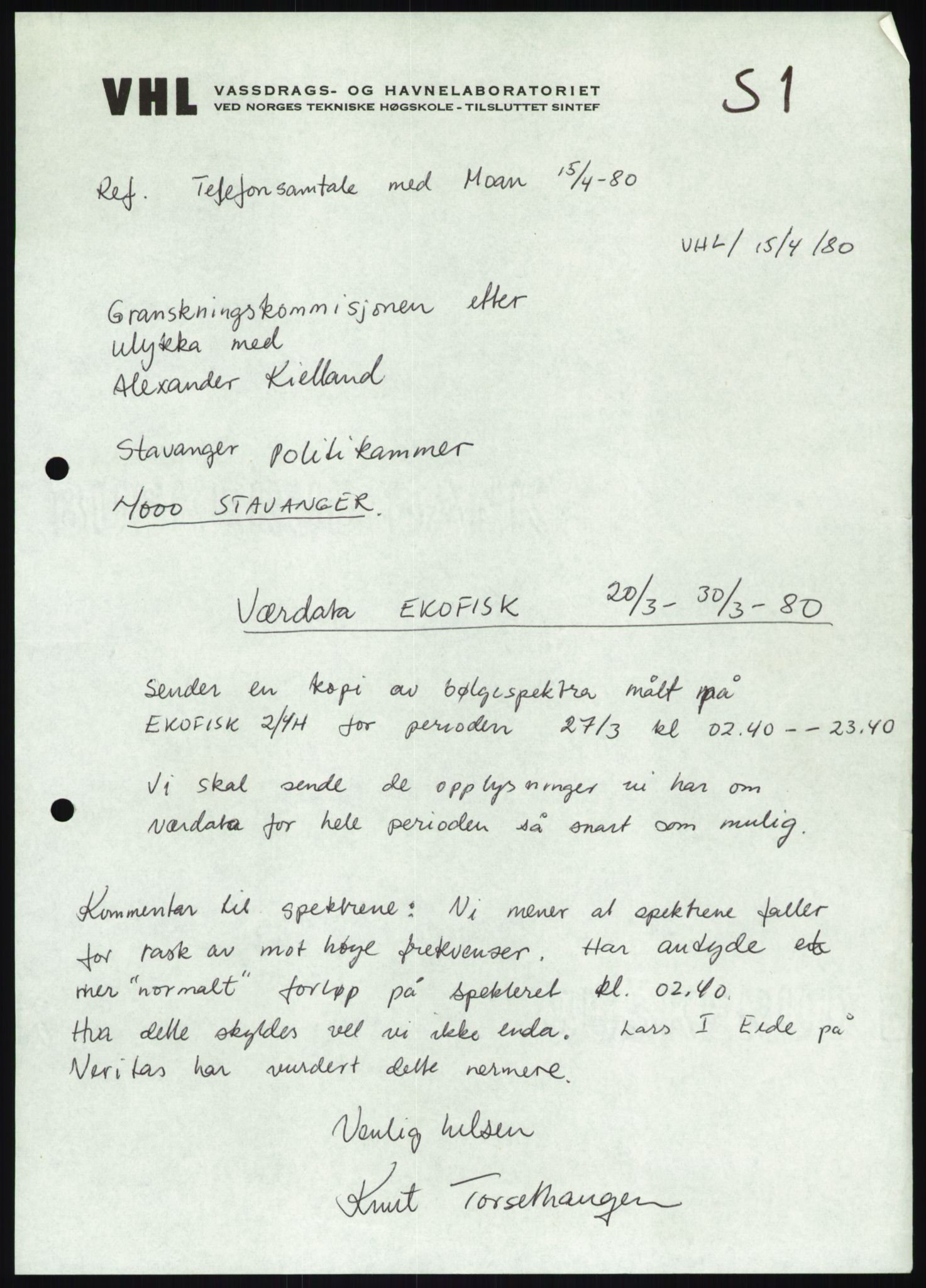 Justisdepartementet, Granskningskommisjonen ved Alexander Kielland-ulykken 27.3.1980, AV/RA-S-1165/D/L0019: S Værforhold (Doku.liste + S1-S5 av 5)/ T (T1-T2)/ U Stabilitet (Doku.liste + U1-U5 av 5), 1980-1981, s. 7