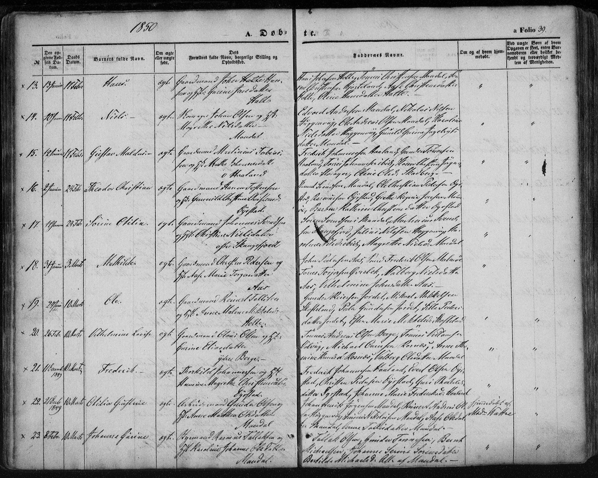 Mandal sokneprestkontor, AV/SAK-1111-0030/F/Fa/Faa/L0013: Ministerialbok nr. A 13, 1847-1859, s. 39