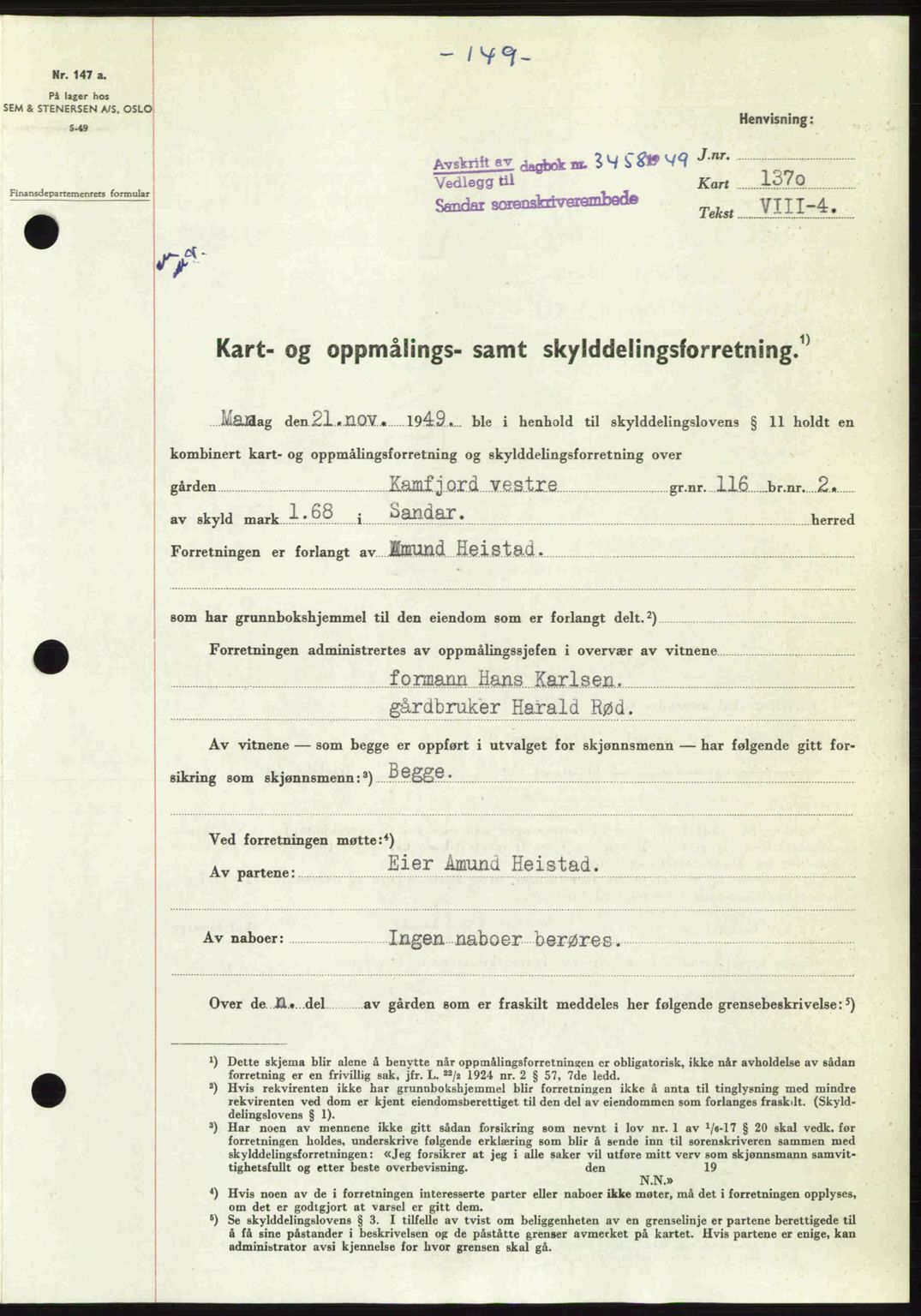 Sandar sorenskriveri, SAKO/A-86/G/Ga/Gaa/L0020: Pantebok nr. A-20, 1949-1950, Dagboknr: 3458/1949