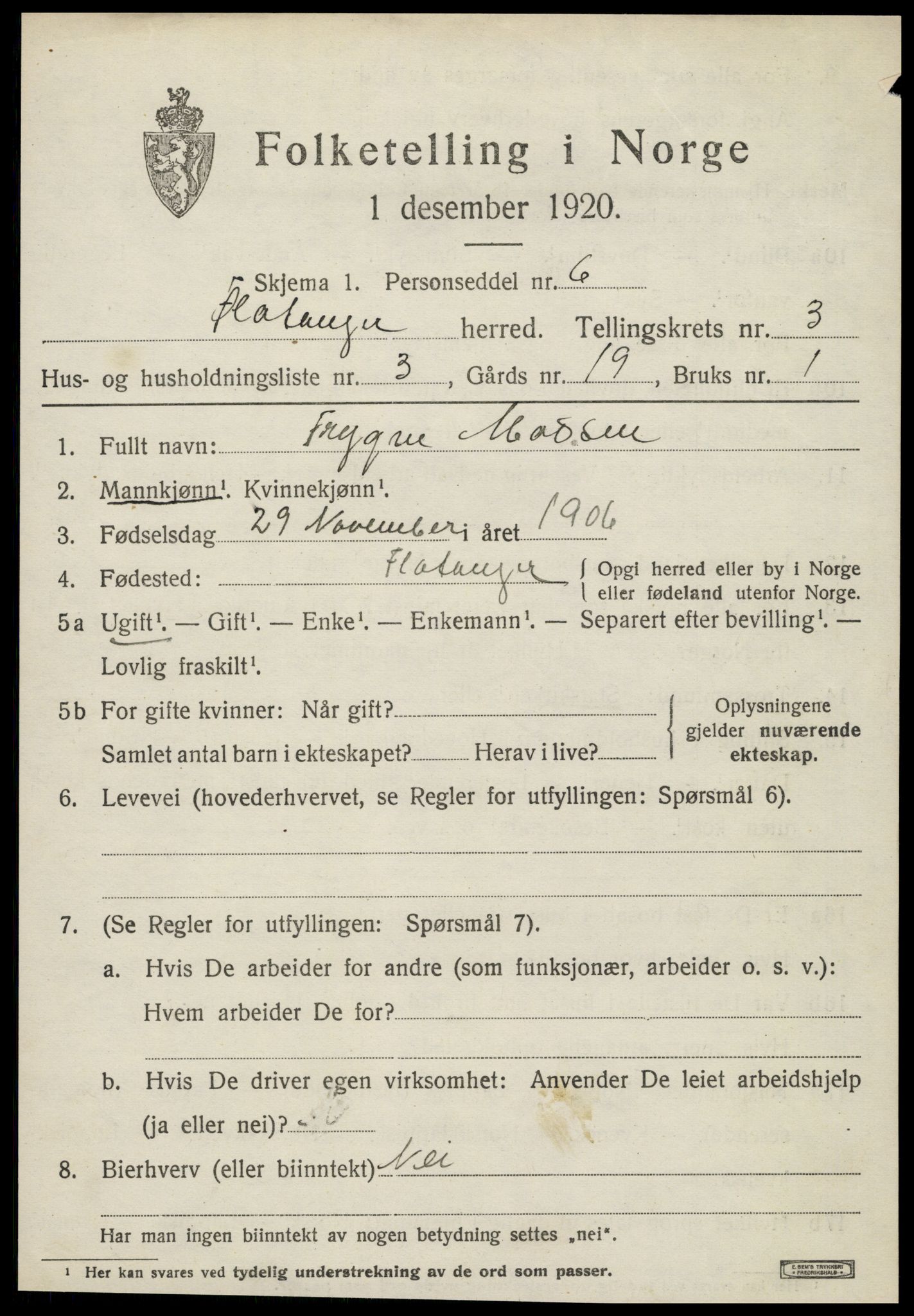 SAT, Folketelling 1920 for 1749 Flatanger herred, 1920, s. 1492
