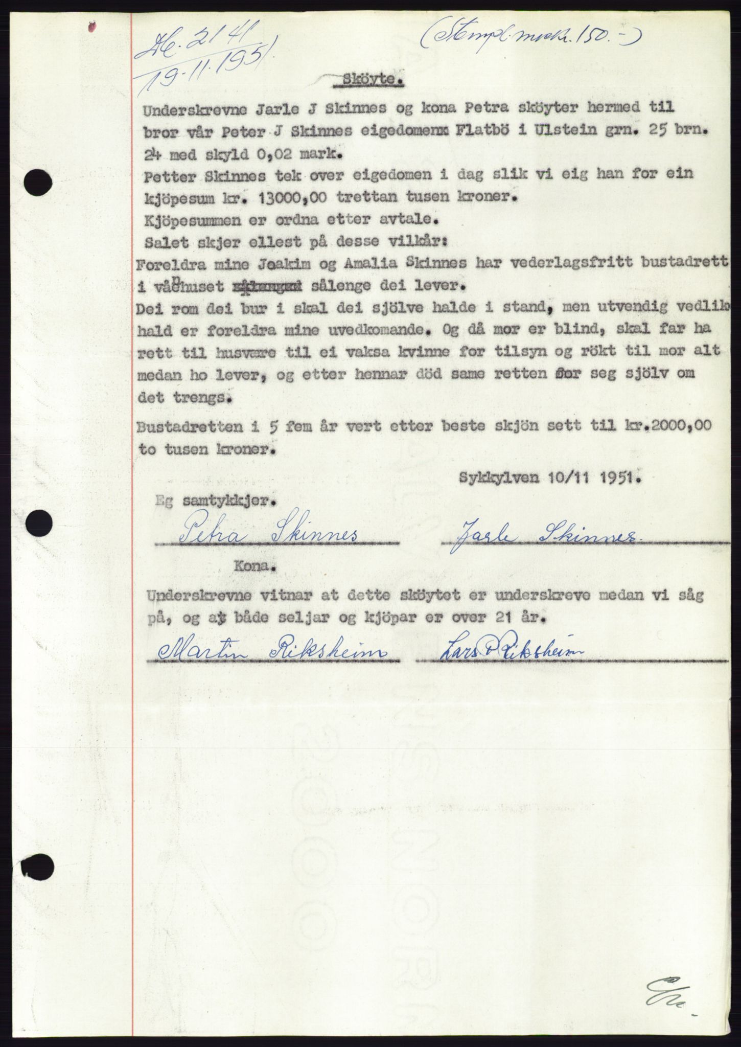 Søre Sunnmøre sorenskriveri, AV/SAT-A-4122/1/2/2C/L0090: Pantebok nr. 16A, 1951-1951, Dagboknr: 2141/1951