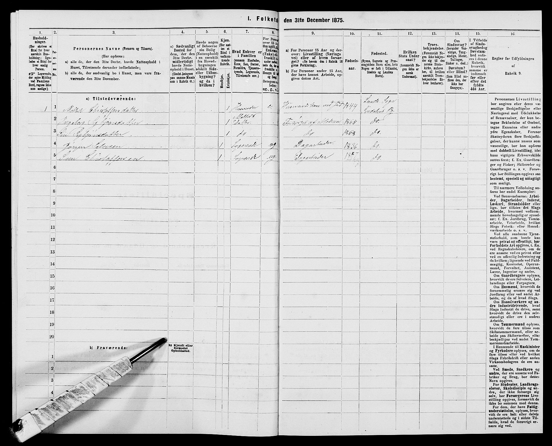 SAK, Folketelling 1875 for 1046P Sirdal prestegjeld, 1875, s. 414