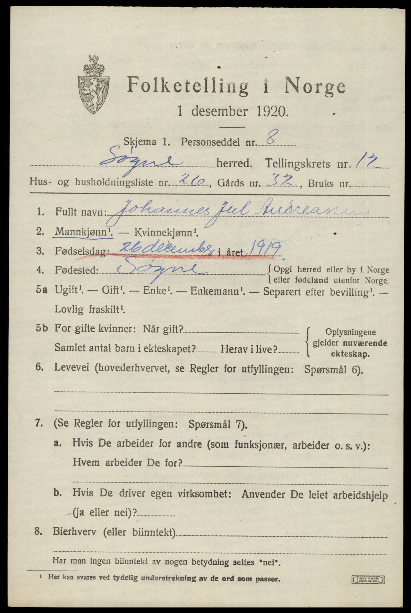 SAK, Folketelling 1920 for 1018 Søgne herred, 1920, s. 6191