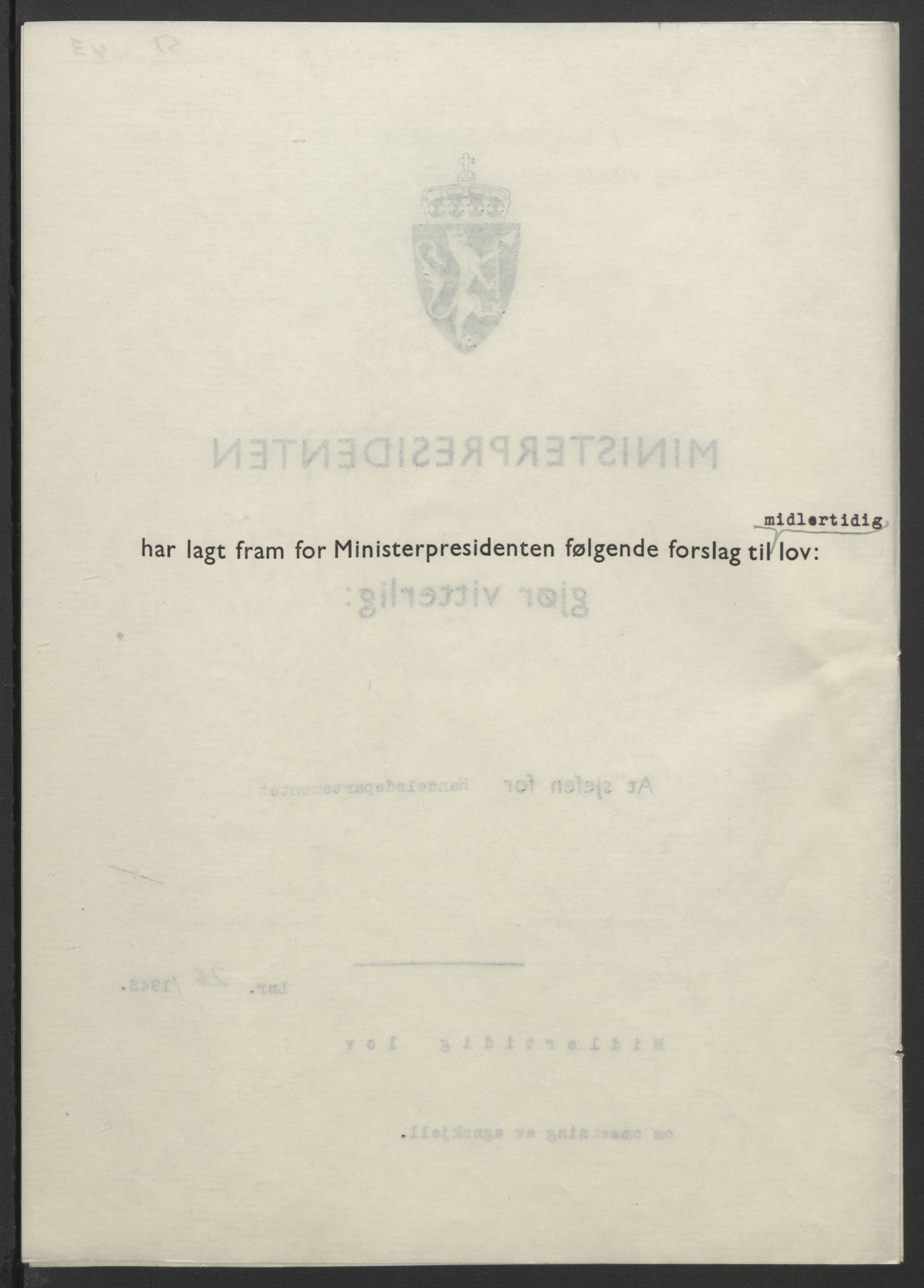 NS-administrasjonen 1940-1945 (Statsrådsekretariatet, de kommisariske statsråder mm), AV/RA-S-4279/D/Db/L0099: Lover, 1943, s. 106