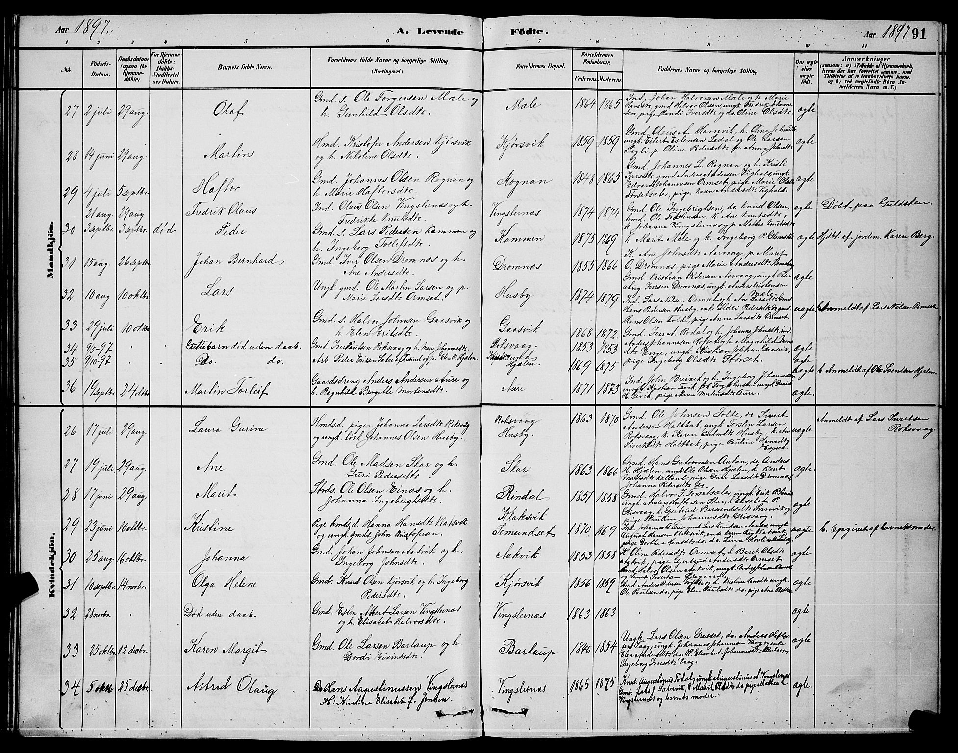 Ministerialprotokoller, klokkerbøker og fødselsregistre - Møre og Romsdal, AV/SAT-A-1454/578/L0909: Klokkerbok nr. 578C02, 1882-1900, s. 91