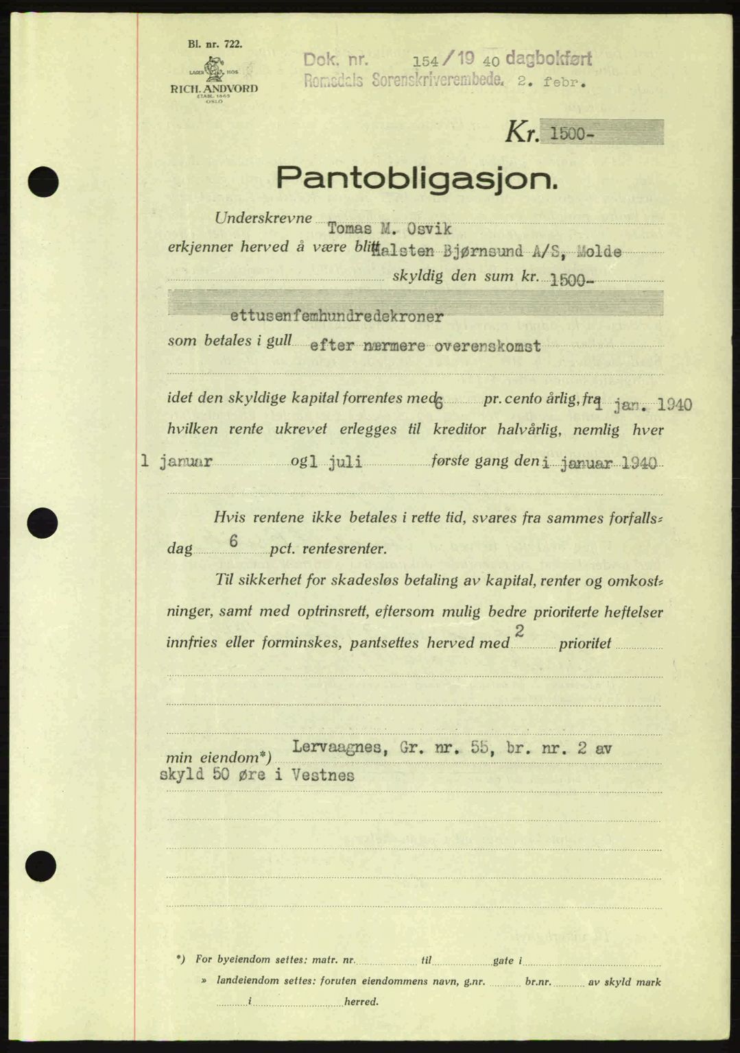 Romsdal sorenskriveri, SAT/A-4149/1/2/2C: Pantebok nr. B2, 1939-1945, Dagboknr: 154/1940