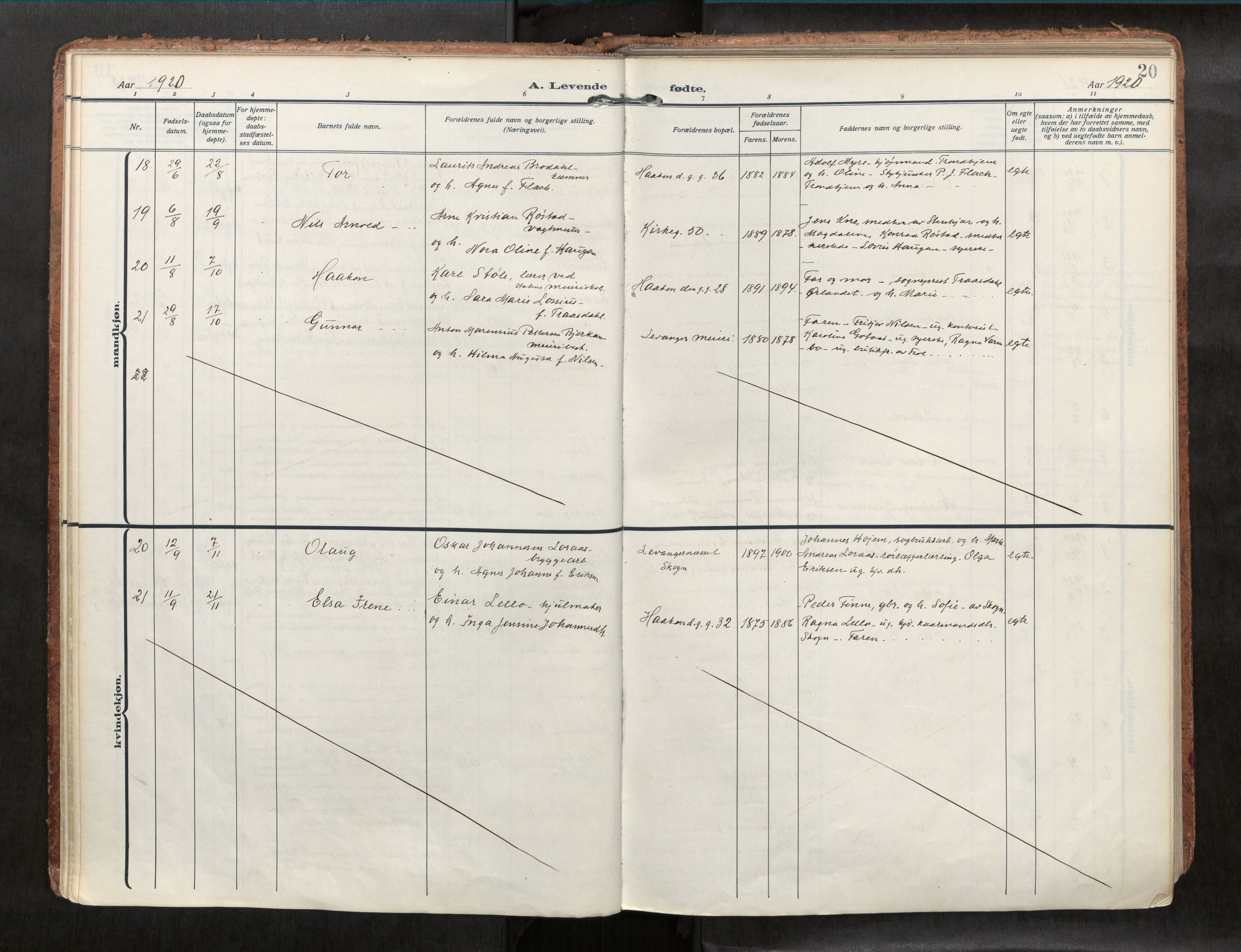 Levanger sokneprestkontor, AV/SAT-A-1301/2/H/Haa/L0001: Ministerialbok nr. 1, 1912-1932, s. 20