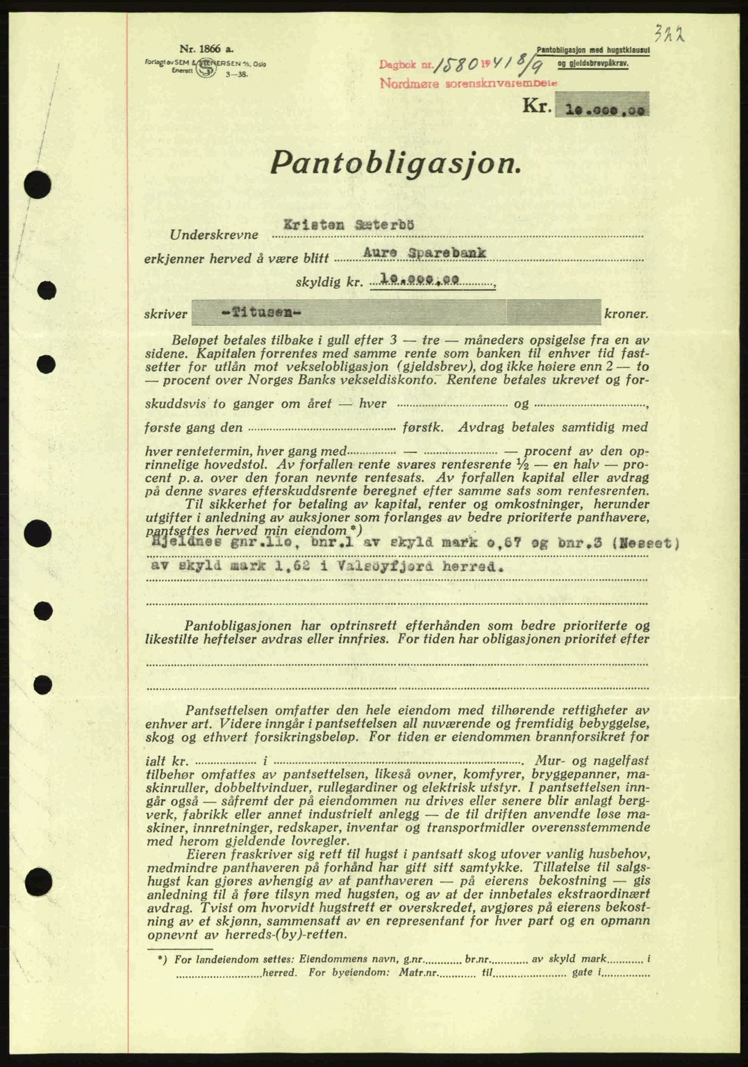 Nordmøre sorenskriveri, SAT/A-4132/1/2/2Ca: Pantebok nr. B88, 1941-1942, Dagboknr: 1580/1941