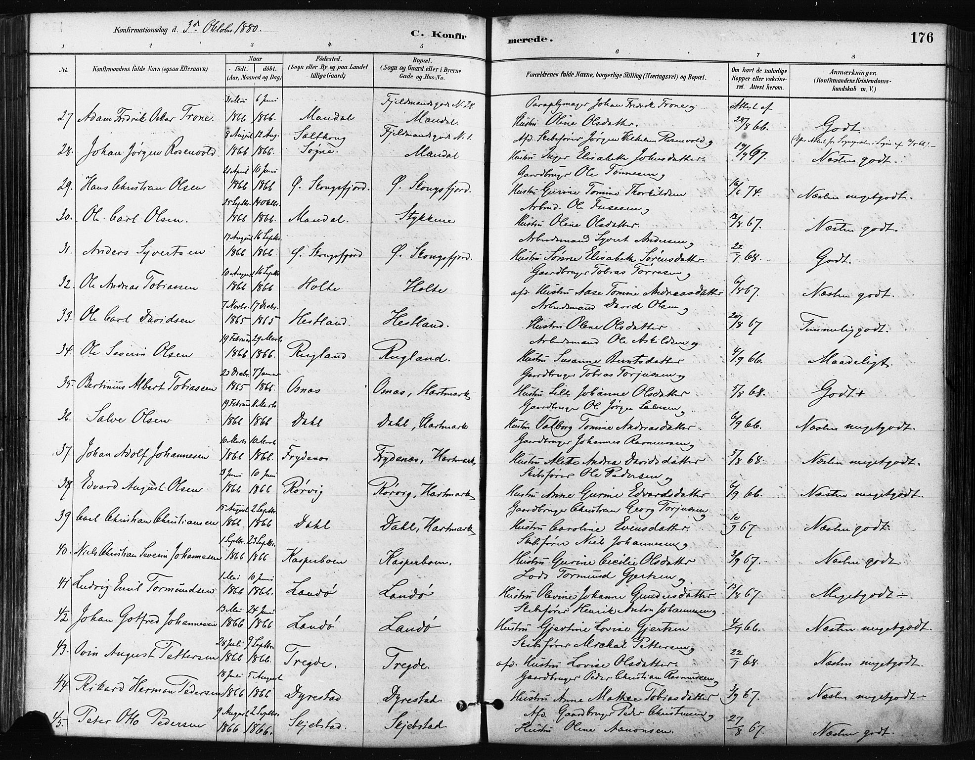 Mandal sokneprestkontor, AV/SAK-1111-0030/F/Fa/Faa/L0016: Ministerialbok nr. A 16, 1880-1890, s. 176