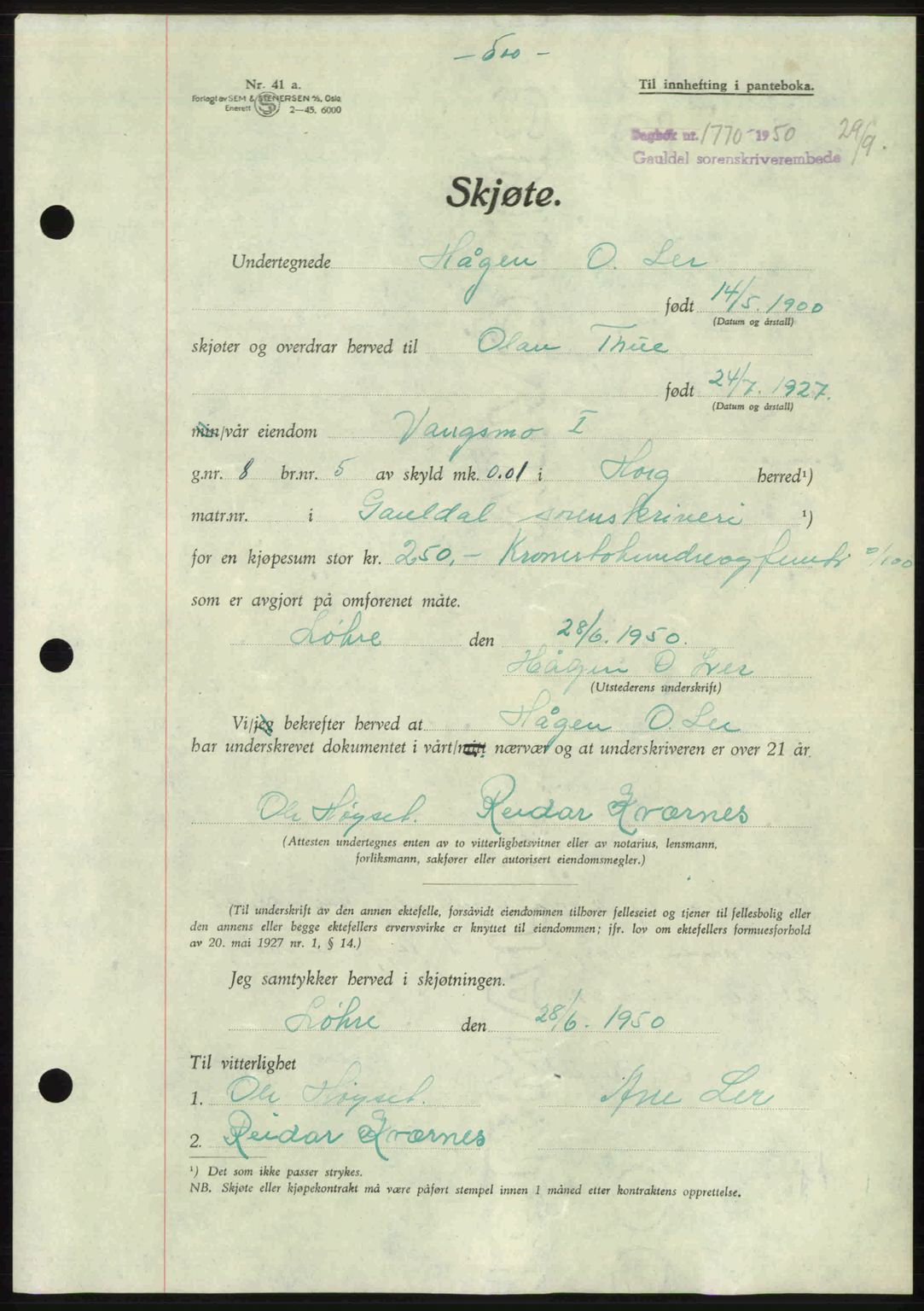Gauldal sorenskriveri, SAT/A-0014/1/2/2C: Pantebok nr. A11, 1950-1950, Dagboknr: 1770/1950