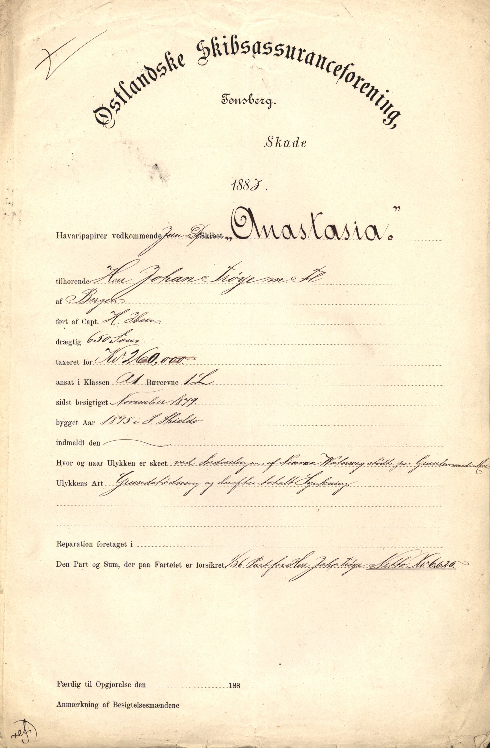 Pa 63 - Østlandske skibsassuranceforening, VEMU/A-1079/G/Ga/L0016/0003: Havaridokumenter / Triton, Bervadors Held, Anastasia, Amicitia, 1883, s. 73