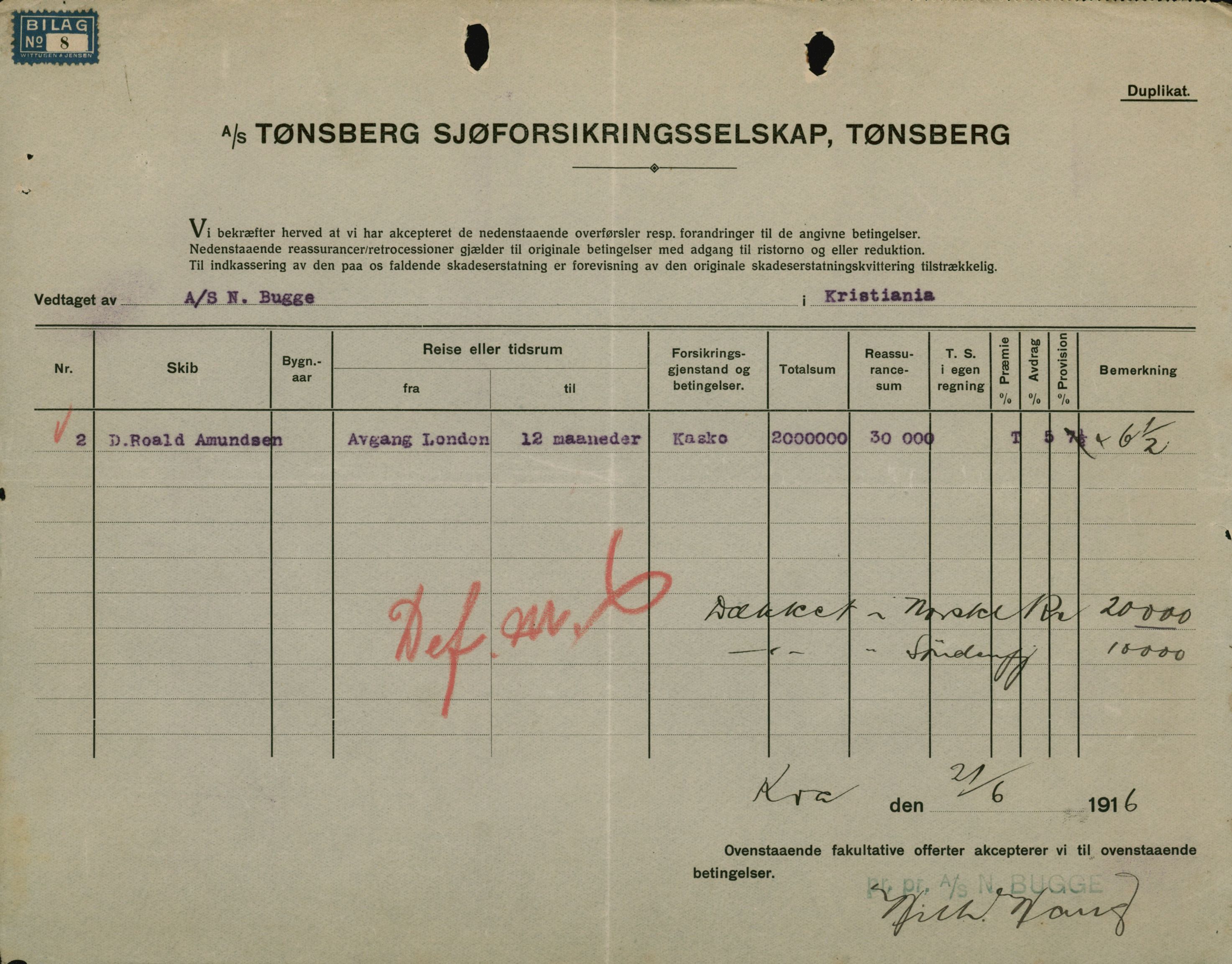 Pa 664 - Tønsberg Sjøforsikringsselskap, VEMU/A-1773/F/L0001: Forsikringspoliser, 1915-1918