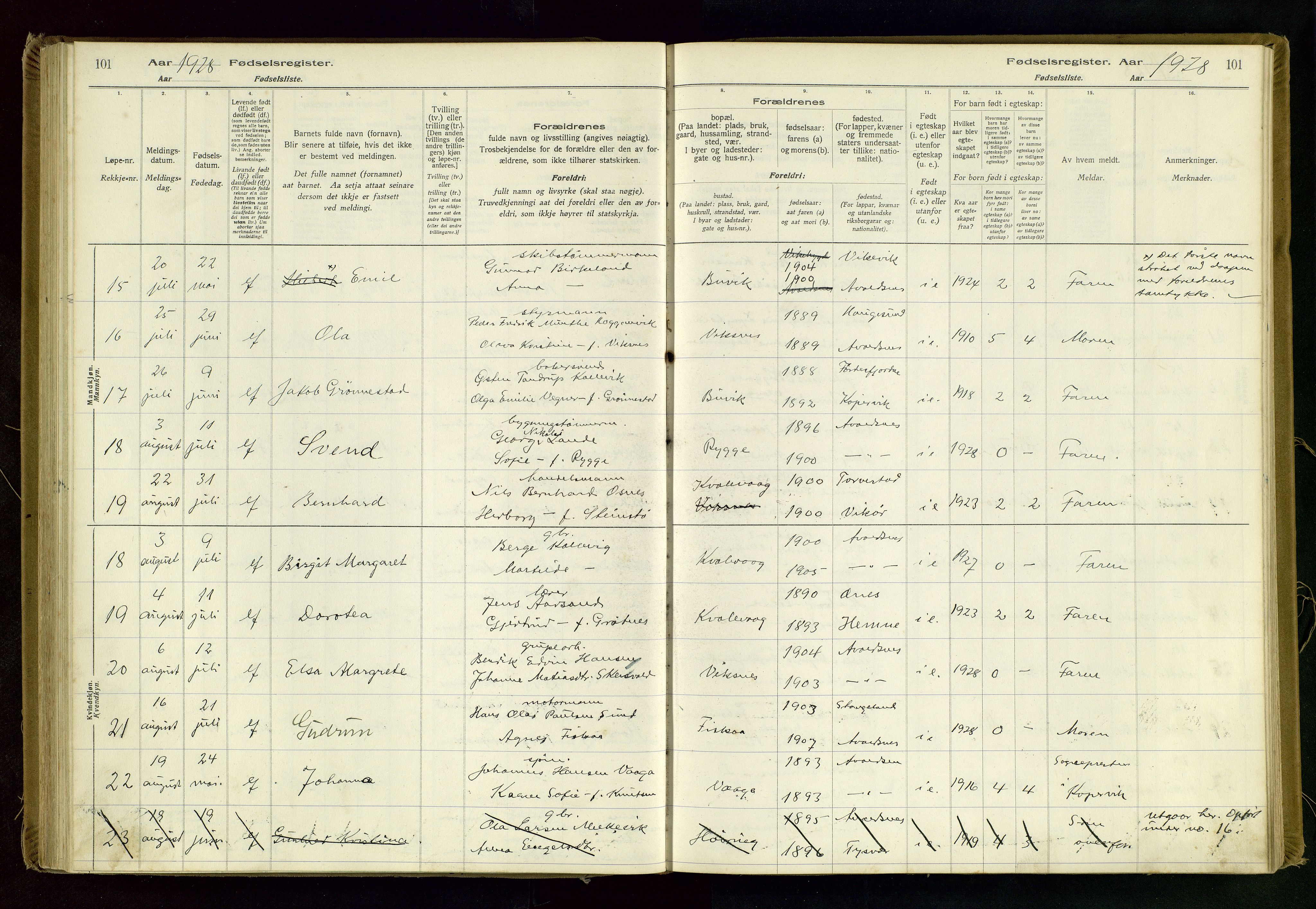 Avaldsnes sokneprestkontor, AV/SAST-A -101851/I/Id/L0001: Fødselsregister nr. 1, 1916-1946, s. 101