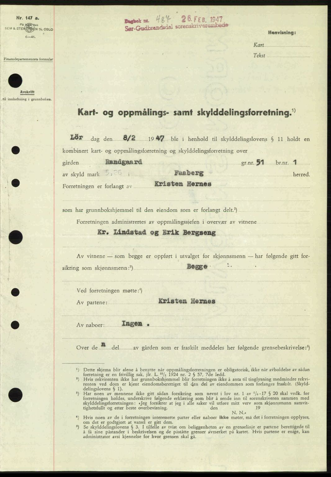 Sør-Gudbrandsdal tingrett, SAH/TING-004/H/Hb/Hbd/L0018: Pantebok nr. A18, 1947-1947, Dagboknr: 487/1947