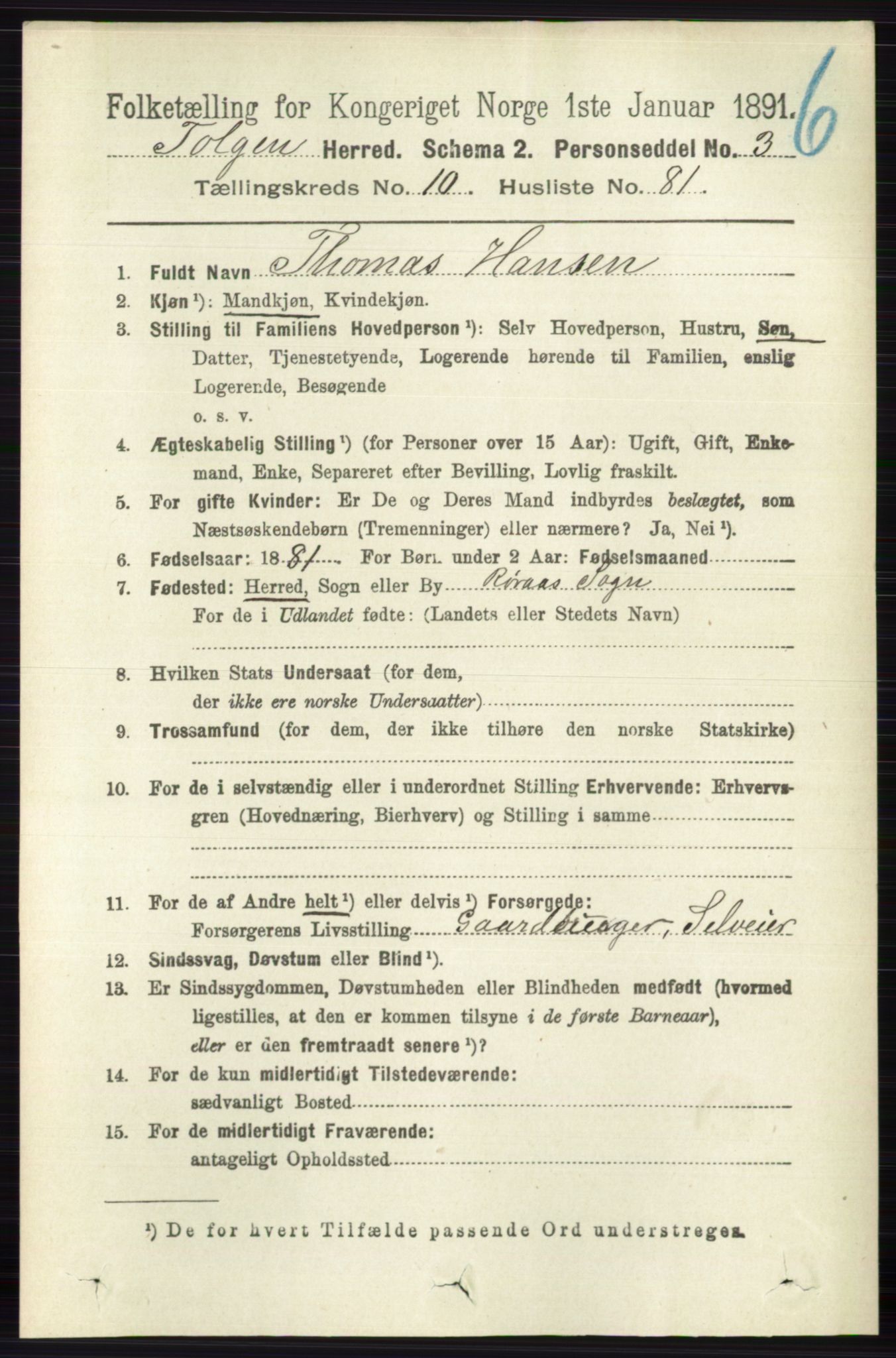 RA, Folketelling 1891 for 0436 Tolga herred, 1891, s. 3134