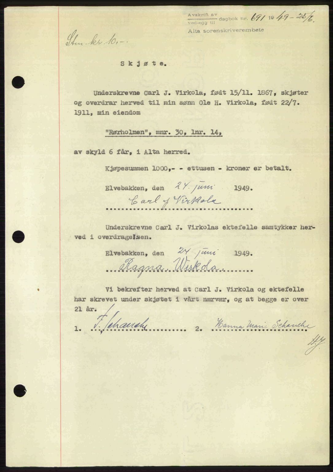 Alta fogderi/sorenskriveri, SATØ/SATØ-5/1/K/Kd/L0037pantebok: Pantebok nr. 39-40, 1948-1949, Dagboknr: 691/1949