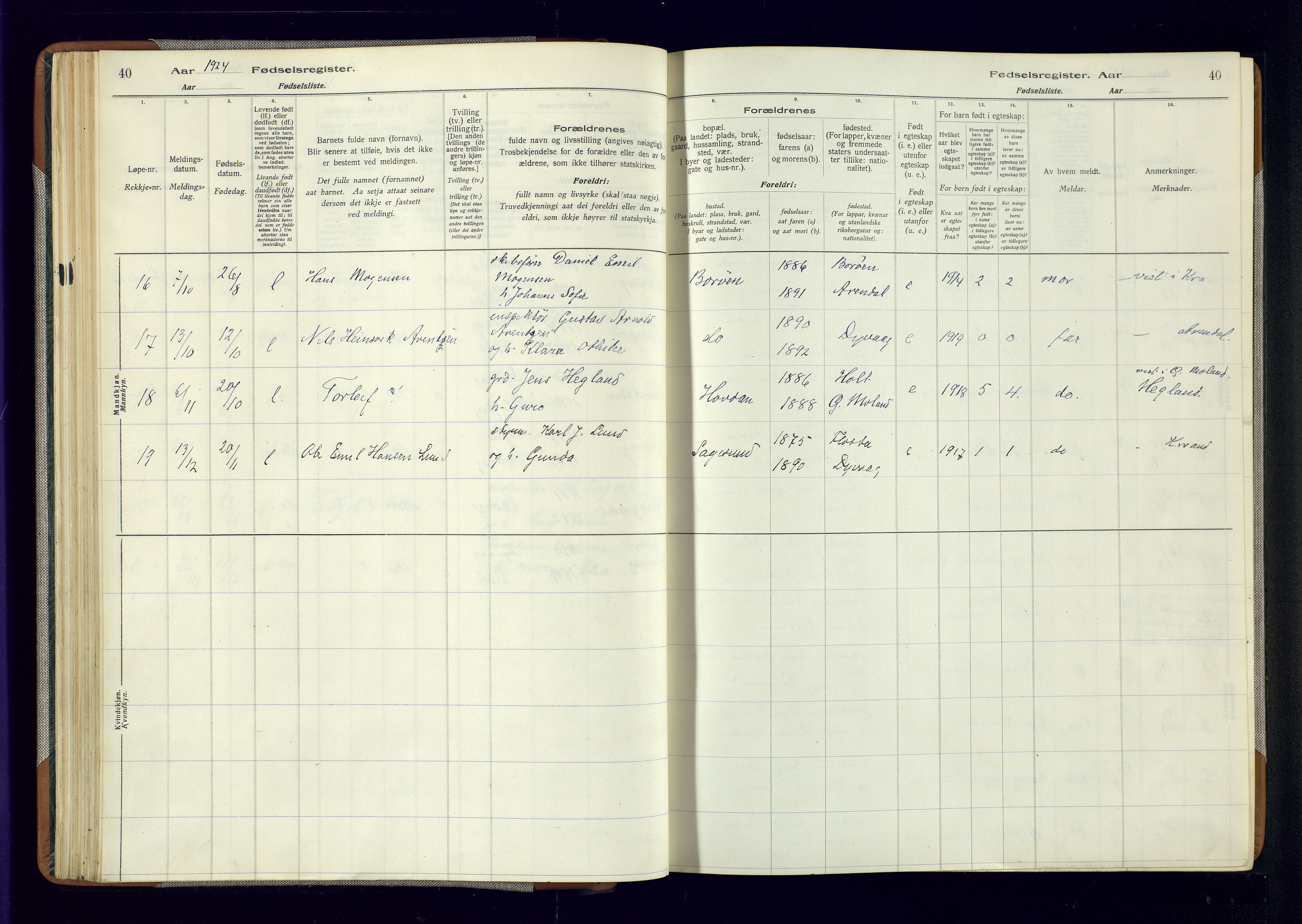 Dypvåg sokneprestkontor, AV/SAK-1111-0007/J/Ja/L0001: Fødselsregister nr. II.4.3, 1916-1975, s. 40