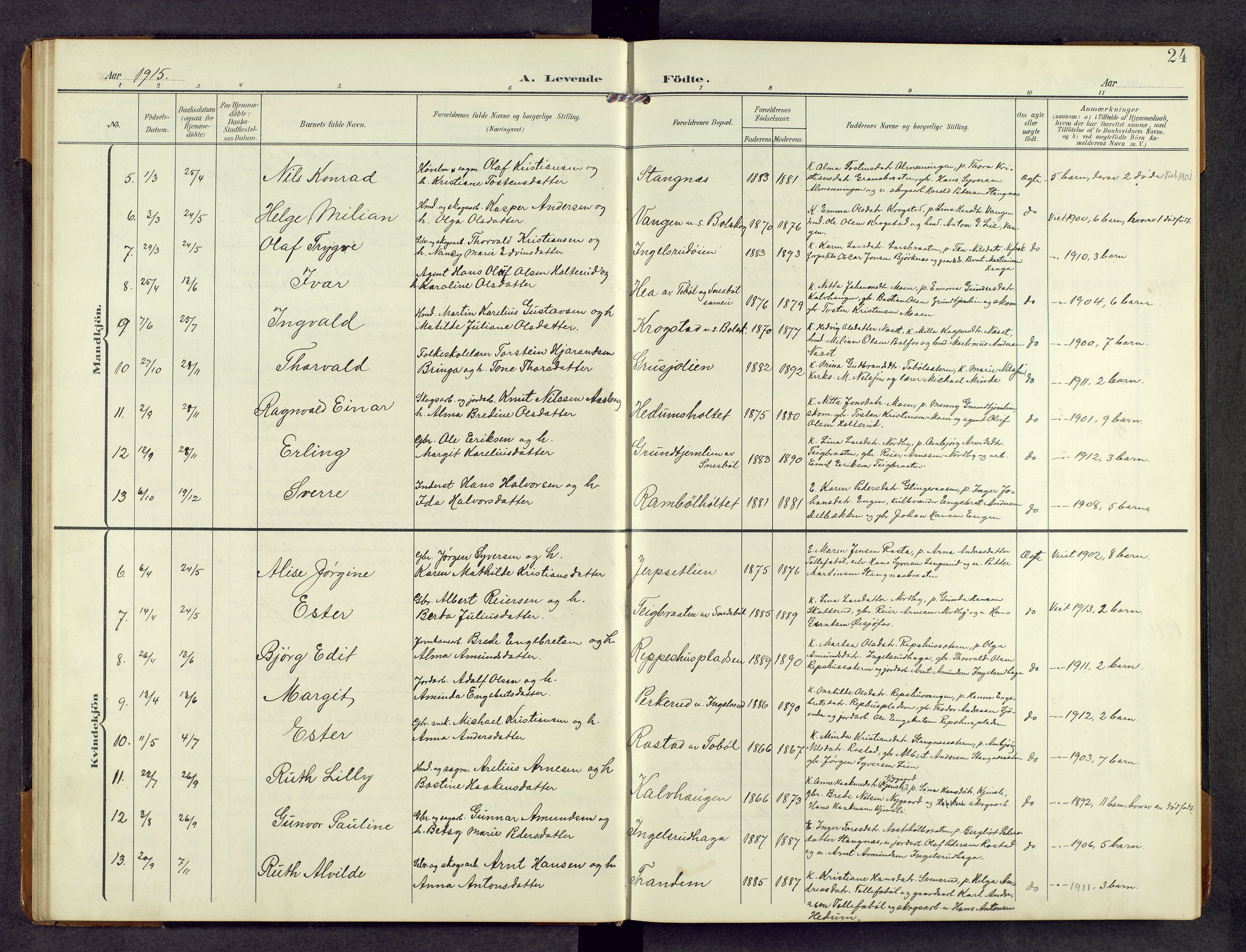 Eidskog prestekontor, AV/SAH-PREST-026/H/Ha/Hab/L0004: Klokkerbok nr. 4, 1907-1964, s. 24