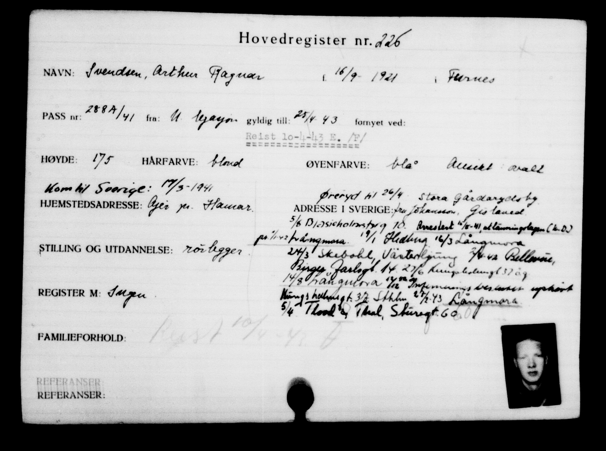 Utenriksstasjonene, Legasjonen i Stockholm, Flyktningkontoret, AV/RA-S-6753/V/Va/L0001: Kjesäterkartoteket, flyktninger med registreringsnr. 1-1000, 1940-1945, s. 364
