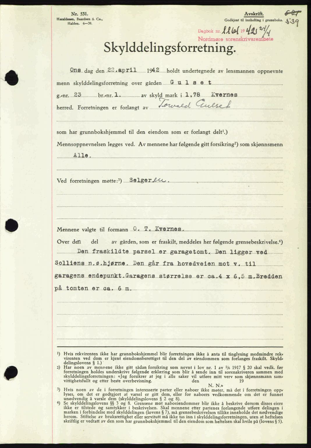 Nordmøre sorenskriveri, SAT/A-4132/1/2/2Ca: Pantebok nr. A92, 1942-1942, Dagboknr: 1161/1942