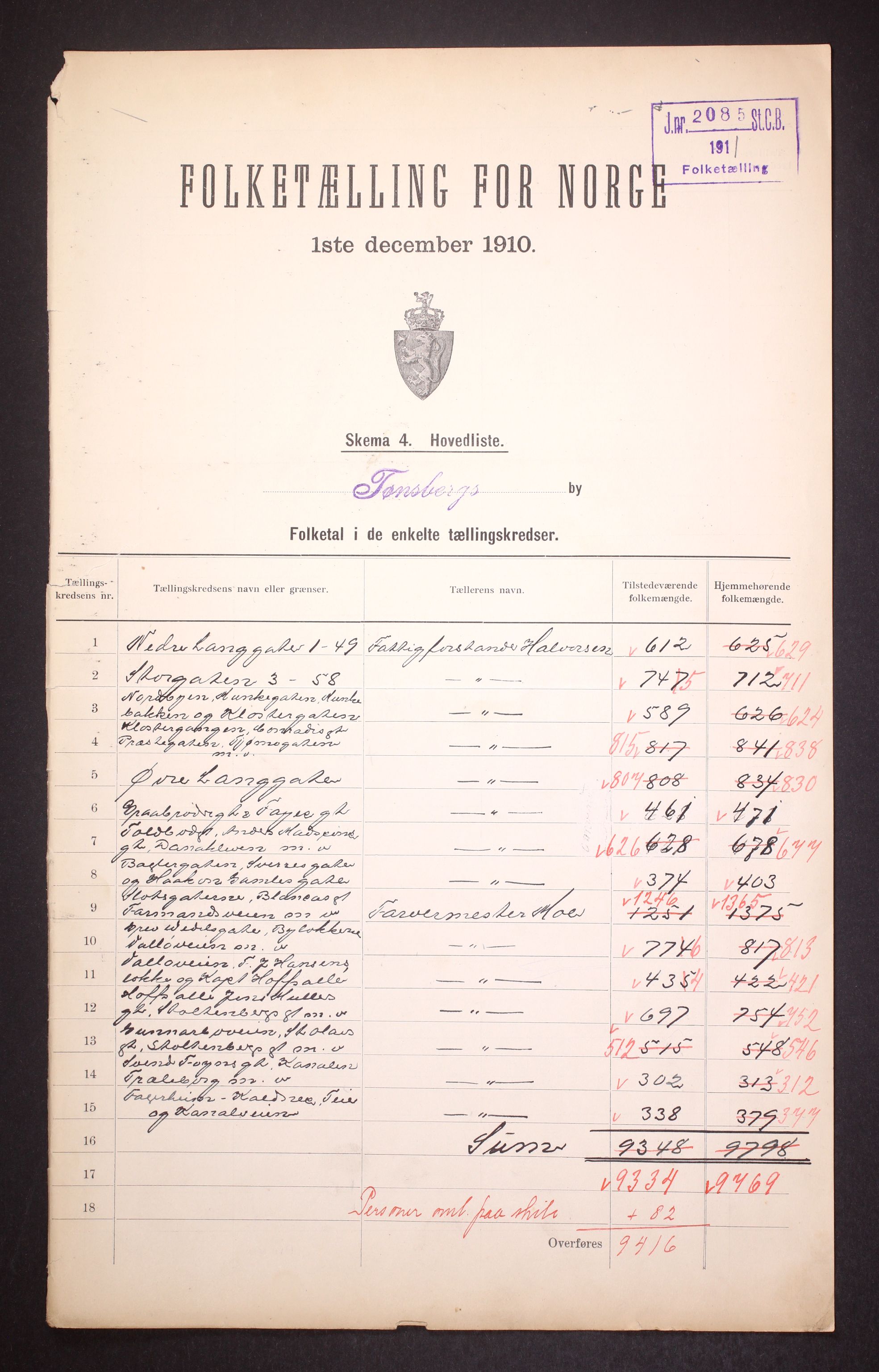 RA, Folketelling 1910 for 0705 Tønsberg kjøpstad, 1910, s. 2