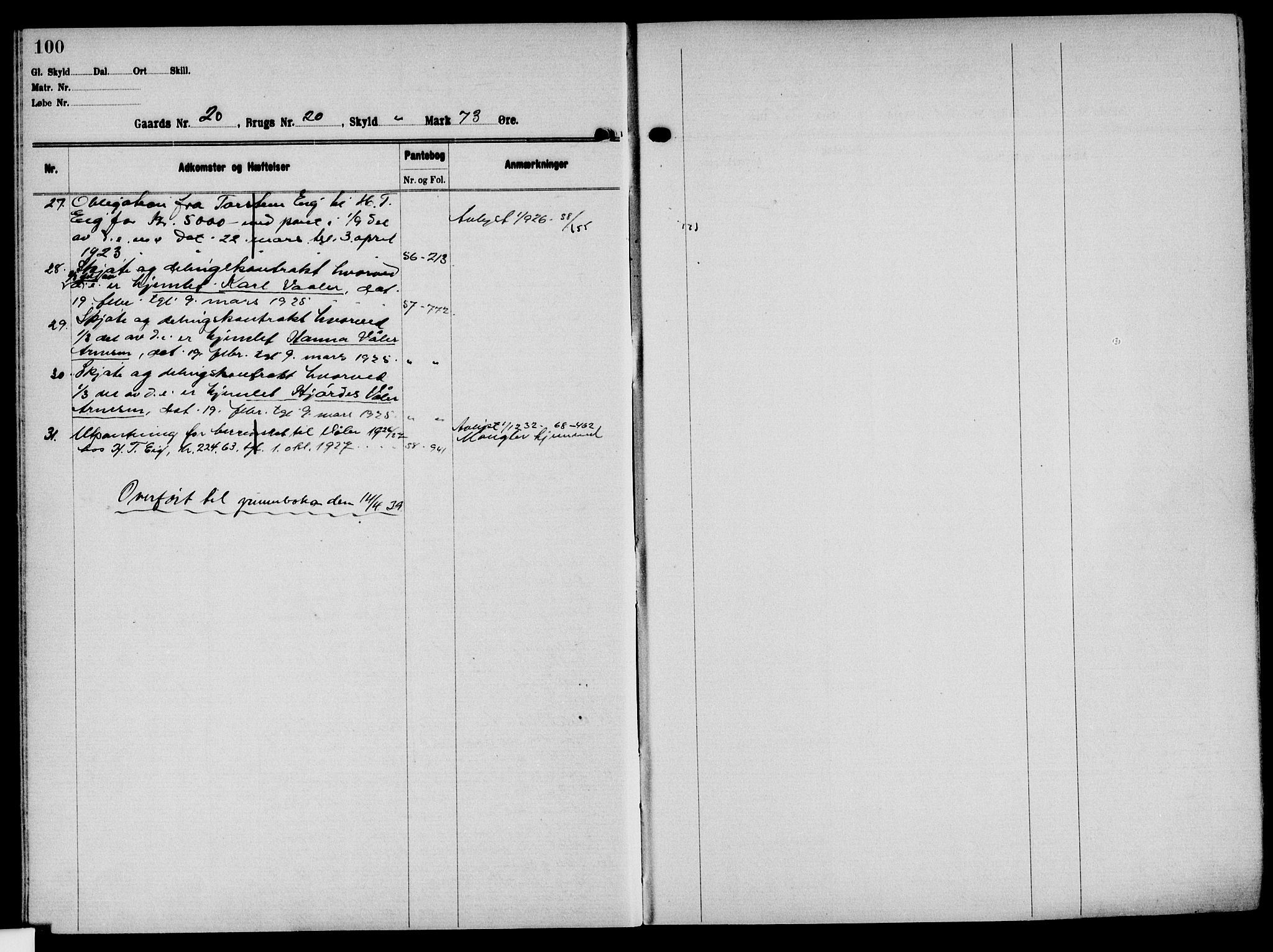 Solør tingrett, AV/SAH-TING-008/H/Ha/Hak/L0002: Panteregister nr. II, 1900-1935, s. 100