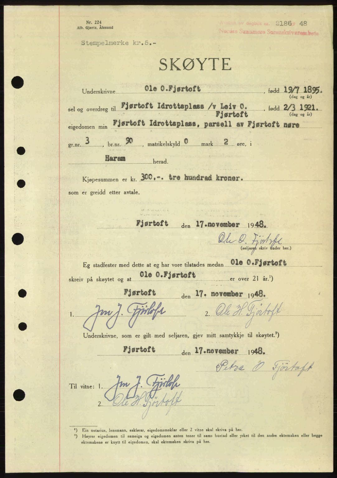 Nordre Sunnmøre sorenskriveri, SAT/A-0006/1/2/2C/2Ca: Pantebok nr. A29, 1948-1949, Dagboknr: 2186/1948