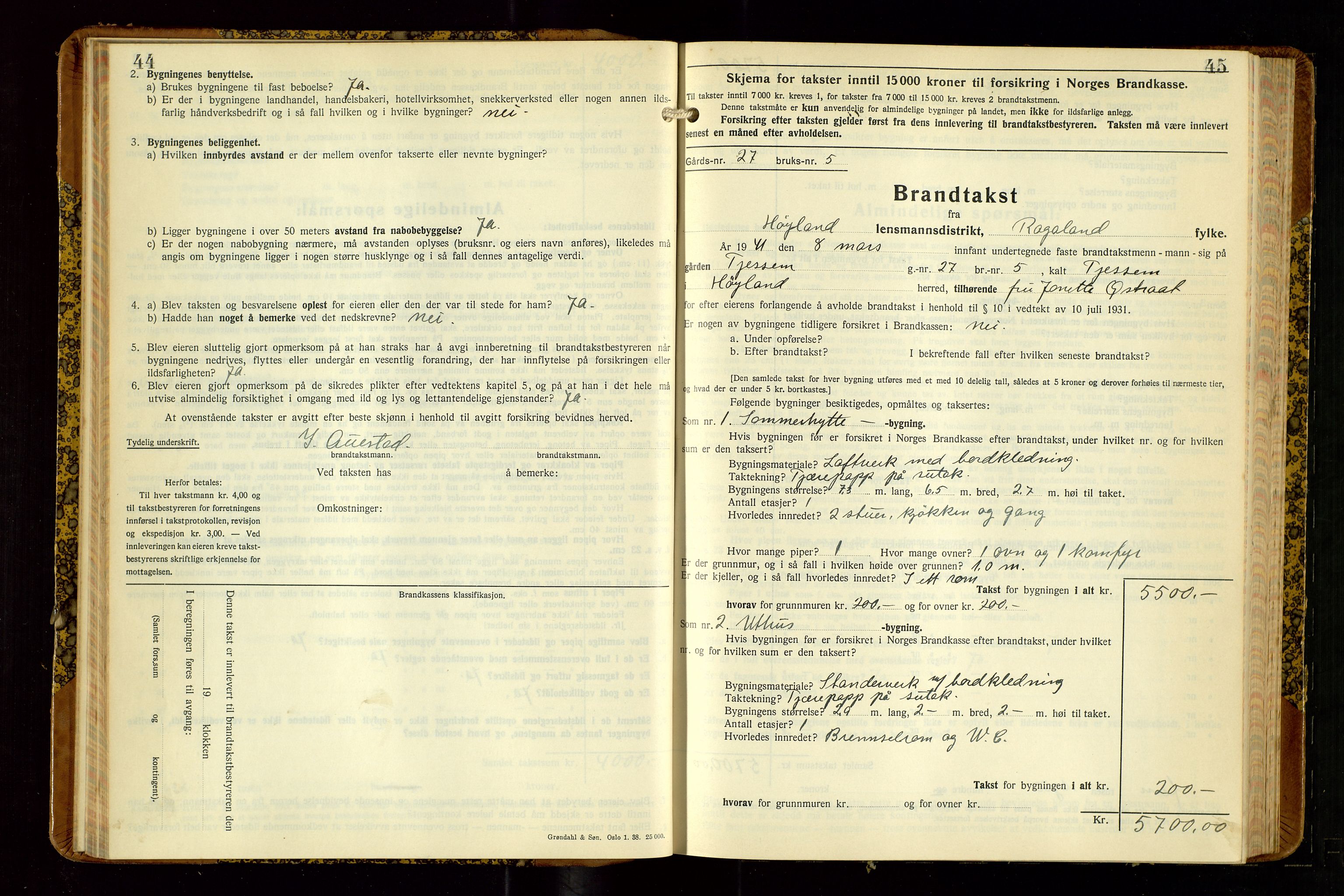 Høyland/Sandnes lensmannskontor, AV/SAST-A-100166/Gob/L0008: "Branntakstprotokoll", 1940-1952, s. 44-45