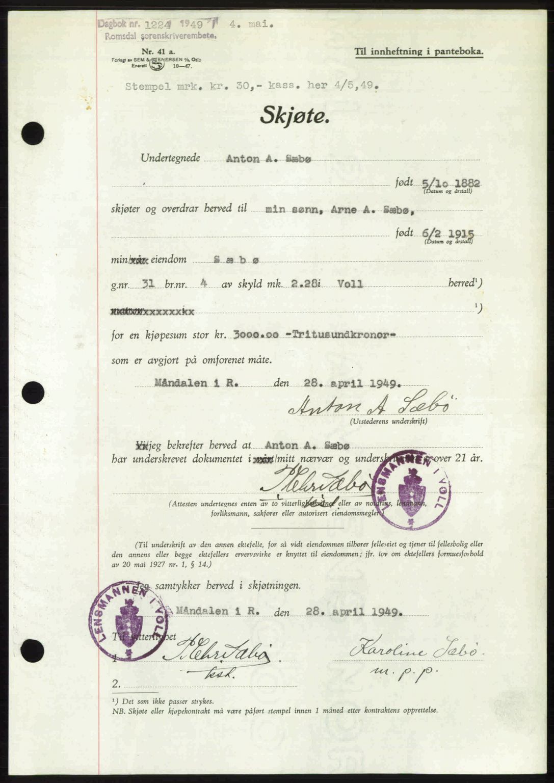 Romsdal sorenskriveri, SAT/A-4149/1/2/2C: Pantebok nr. A29, 1949-1949, Dagboknr: 1224/1949
