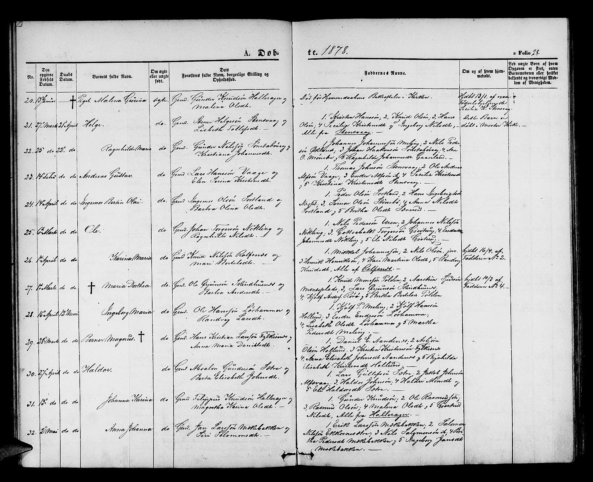 Finnås sokneprestembete, AV/SAB-A-99925/H/Ha/Hab/Habb/L0002: Klokkerbok nr. B 2, 1871-1881, s. 28