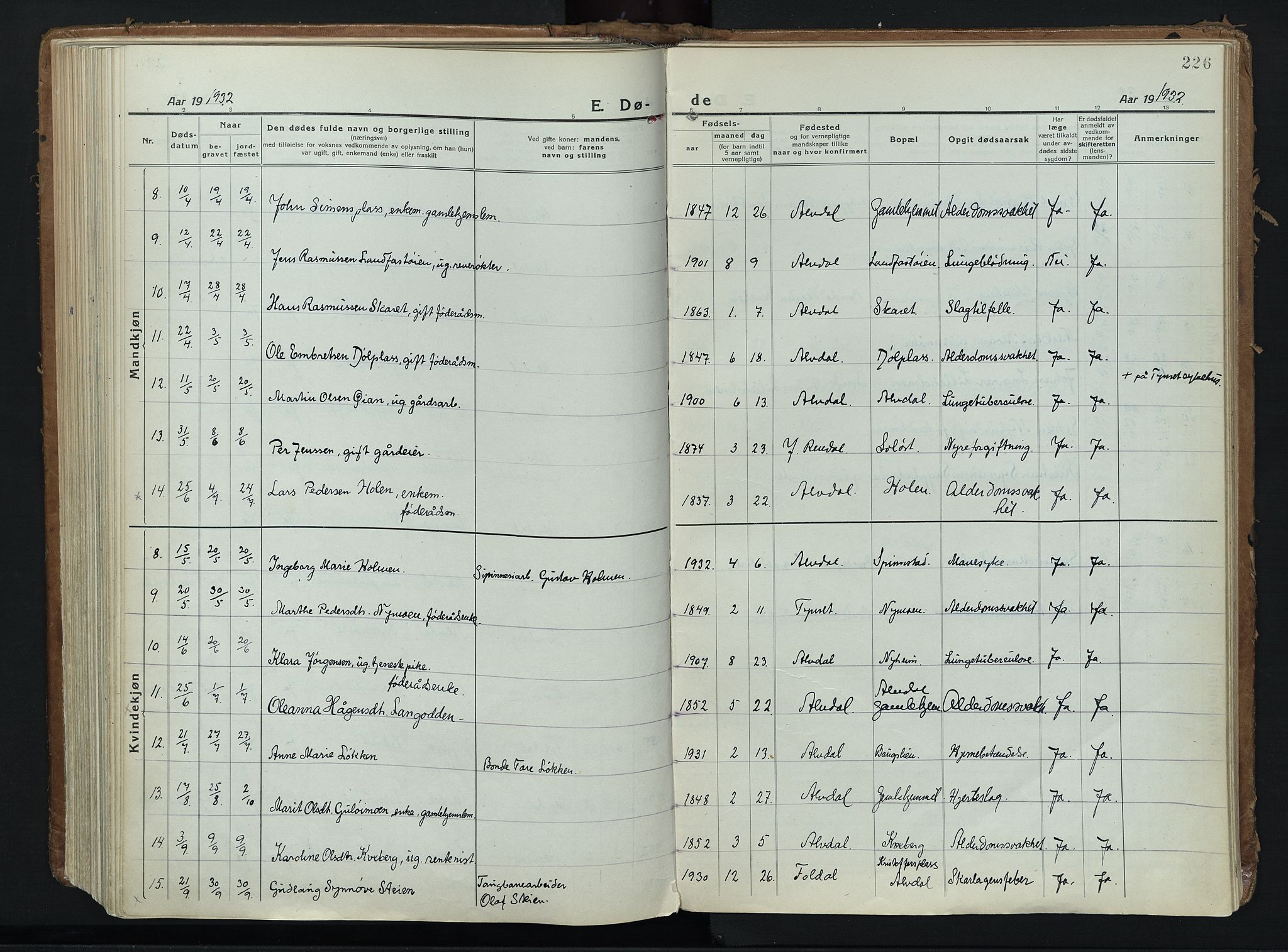 Alvdal prestekontor, AV/SAH-PREST-060/H/Ha/Haa/L0006: Ministerialbok nr. 6, 1920-1937, s. 226