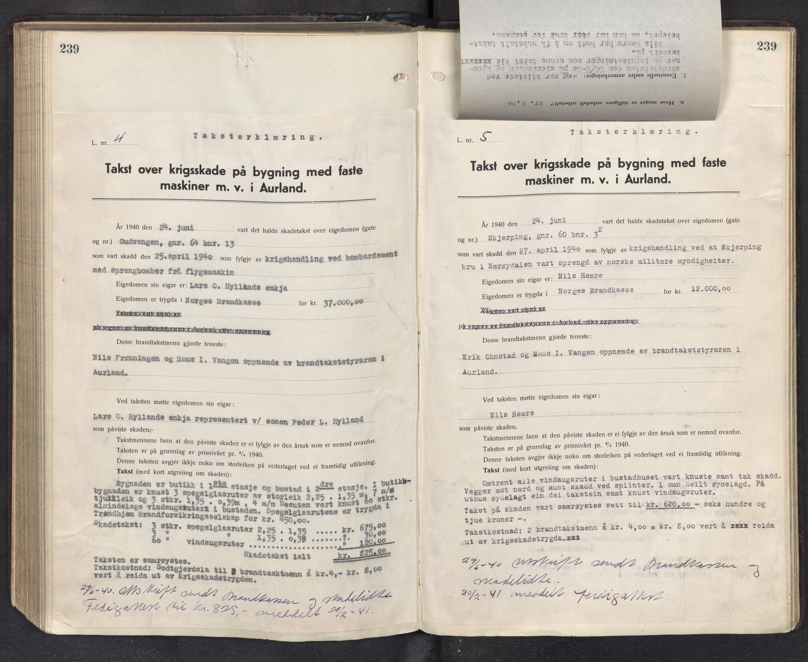 Lensmannen i Aurland, SAB/A-26401/0012/L0003: Branntakstprotokoll, 1917-1944, s. 239