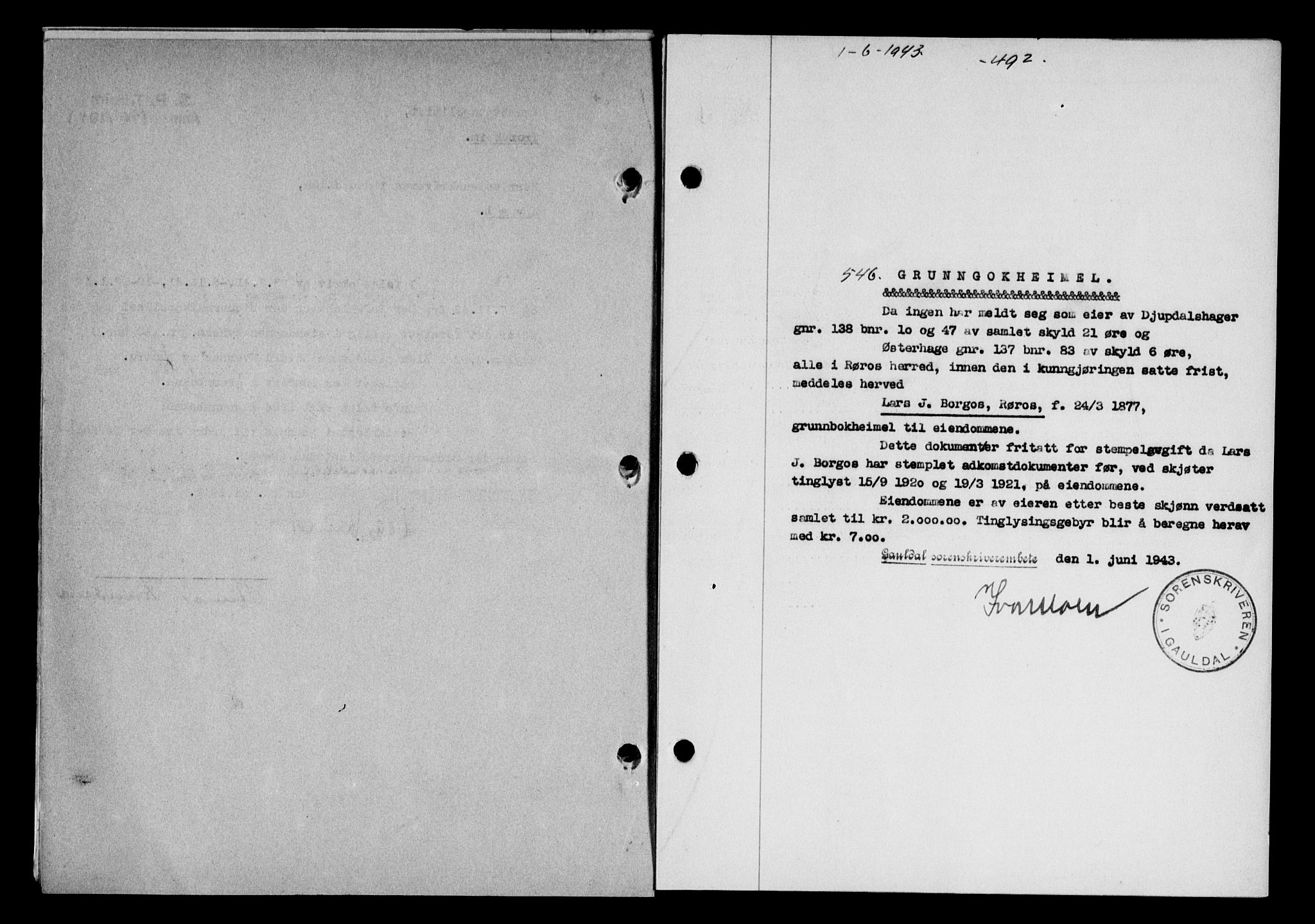 Gauldal sorenskriveri, SAT/A-0014/1/2/2C/L0056: Pantebok nr. 61, 1942-1943, Dagboknr: 546/1943