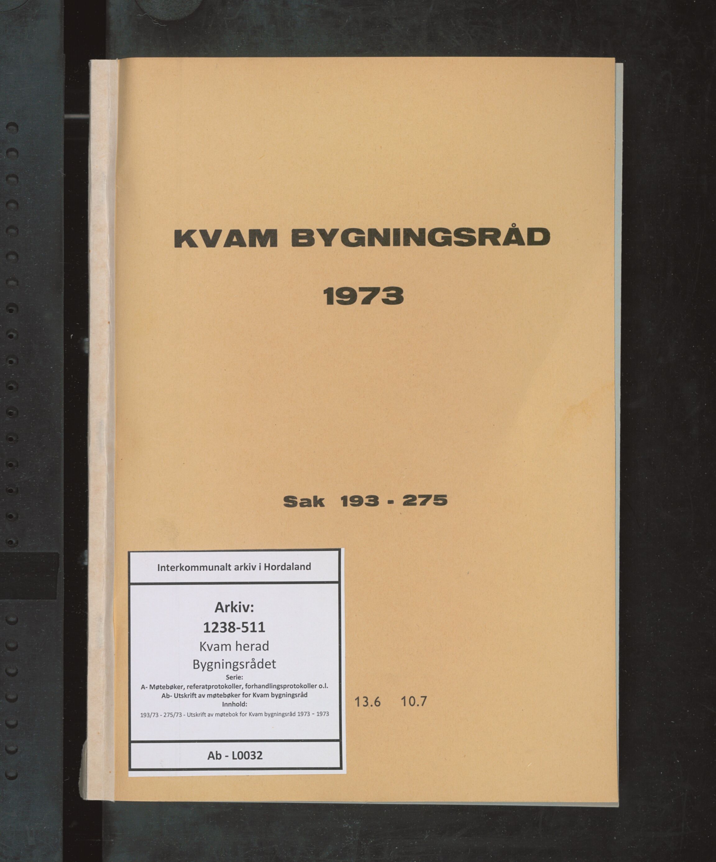 Kvam herad. Bygningsrådet, IKAH/1238-511/A/Ab/L0032: Utskrift av møtebok for Kvam bygningsråd, 1973