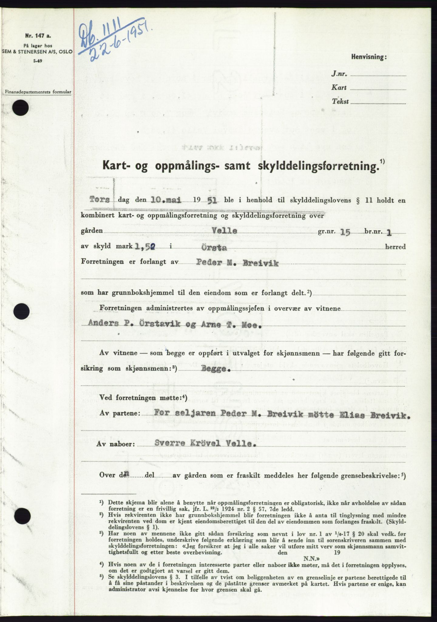 Søre Sunnmøre sorenskriveri, SAT/A-4122/1/2/2C/L0089: Pantebok nr. 15A, 1951-1951, Dagboknr: 1111/1951