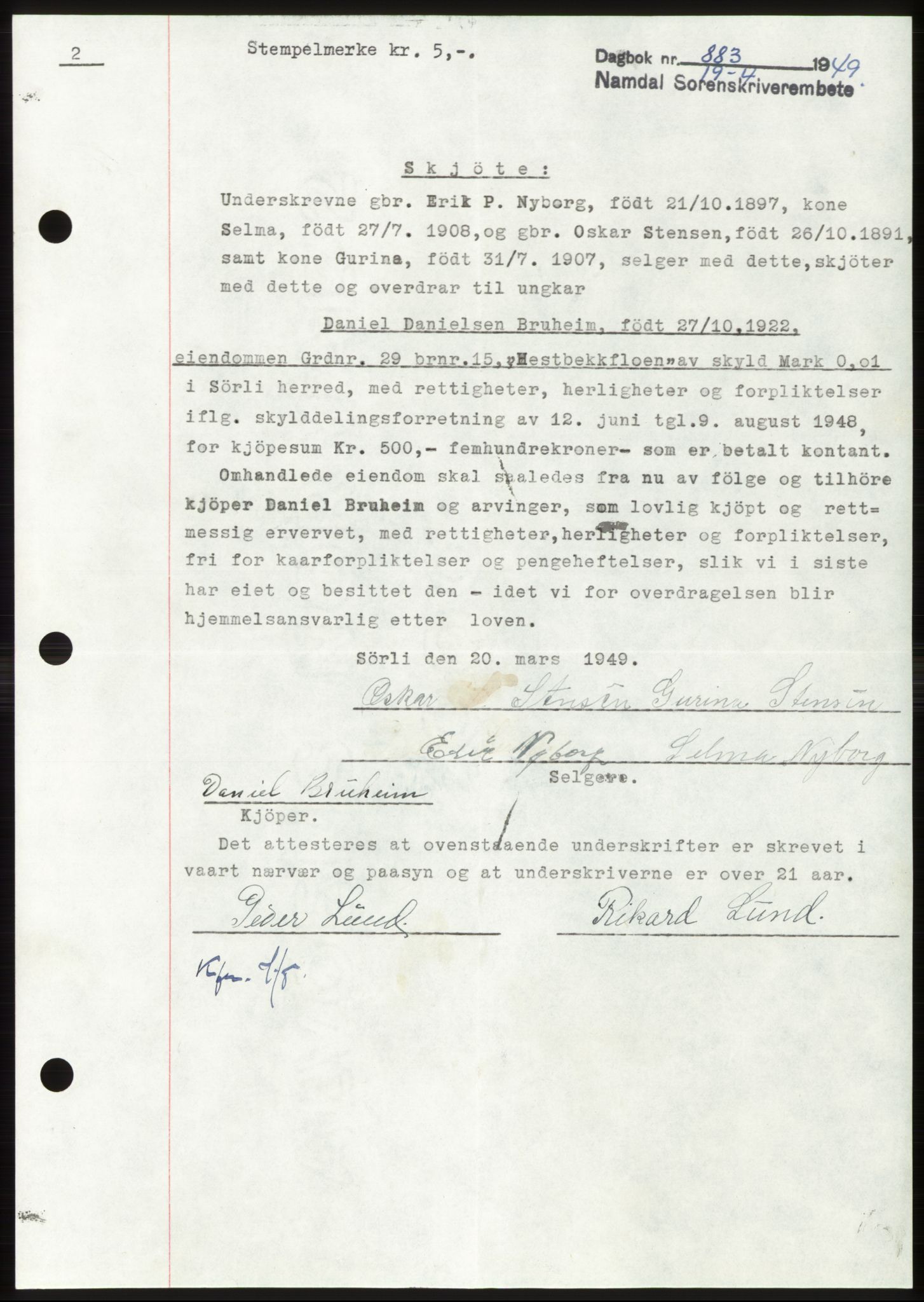 Namdal sorenskriveri, SAT/A-4133/1/2/2C: Pantebok nr. -, 1949-1949, Dagboknr: 883/1949