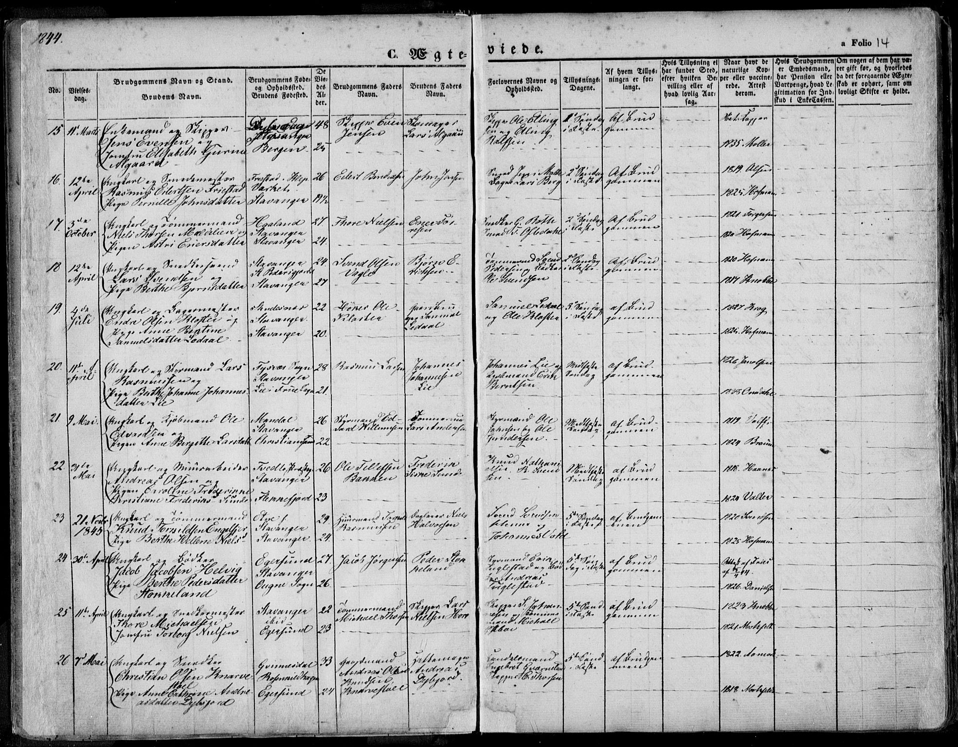 Domkirken sokneprestkontor, SAST/A-101812/001/30/30BA/L0015: Ministerialbok nr. A 14, 1842-1857, s. 14