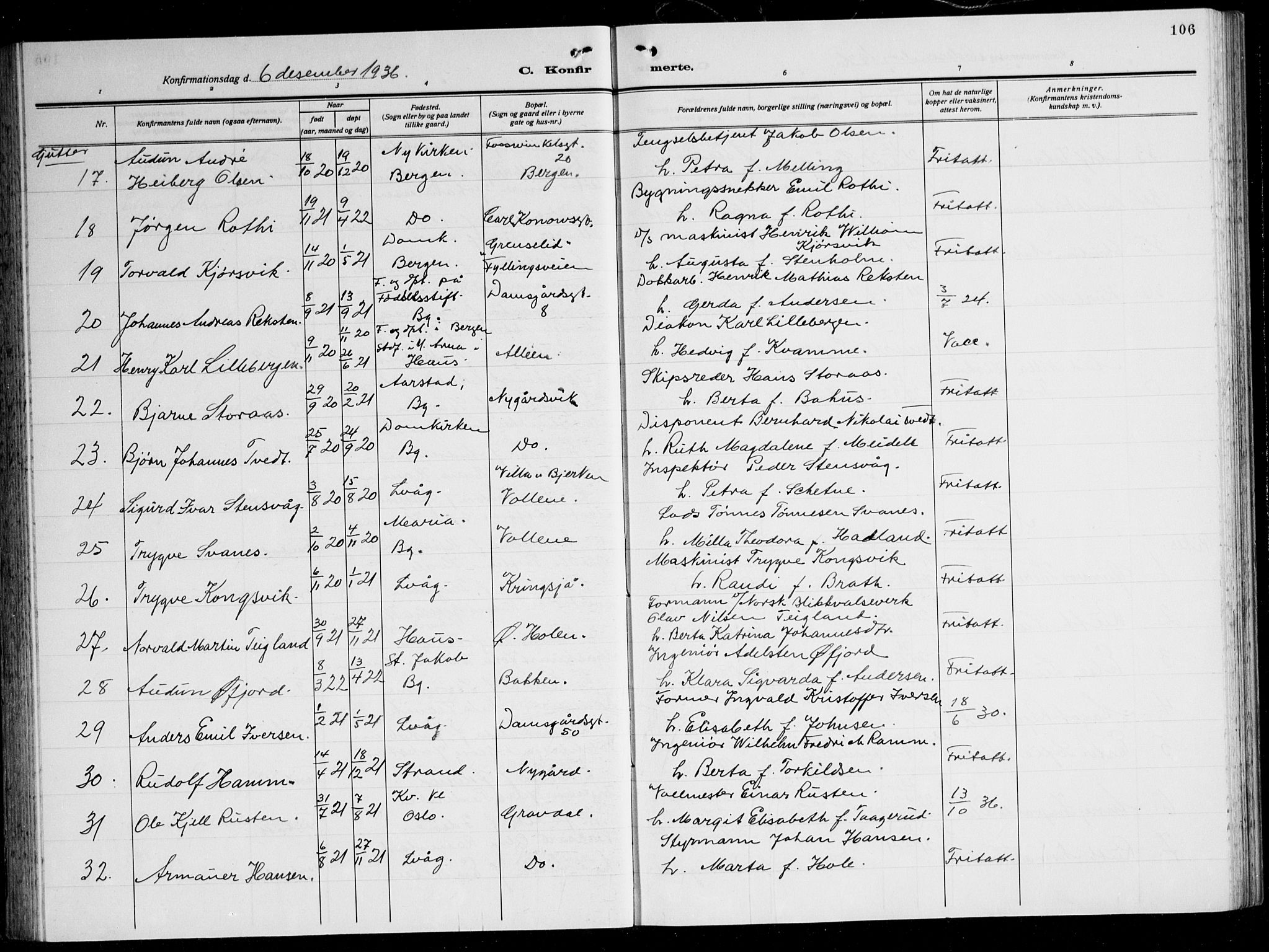 Laksevåg Sokneprestembete, AV/SAB-A-76501/H/Ha/Hab/Haba: Klokkerbok nr. A 10, 1925-1942, s. 106