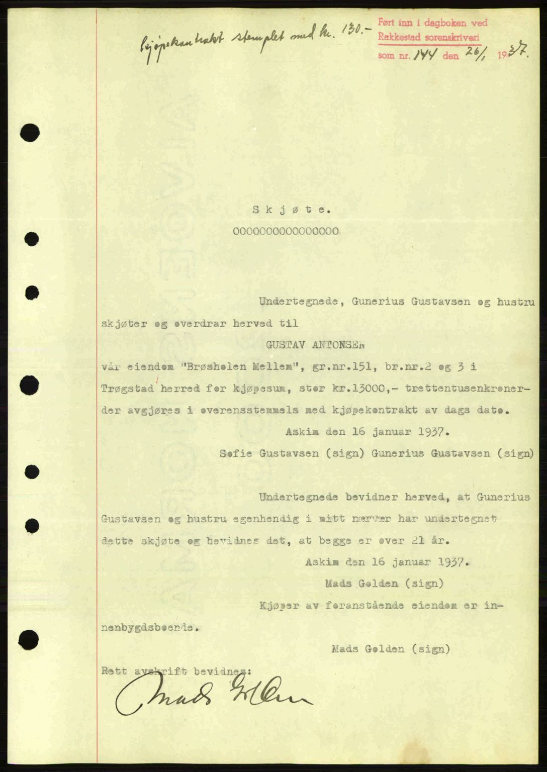 Rakkestad sorenskriveri, SAO/A-10686/G/Gb/Gba/Gbab/L0001: Pantebok nr. A1, 1936-1937, Dagboknr: 144/1937