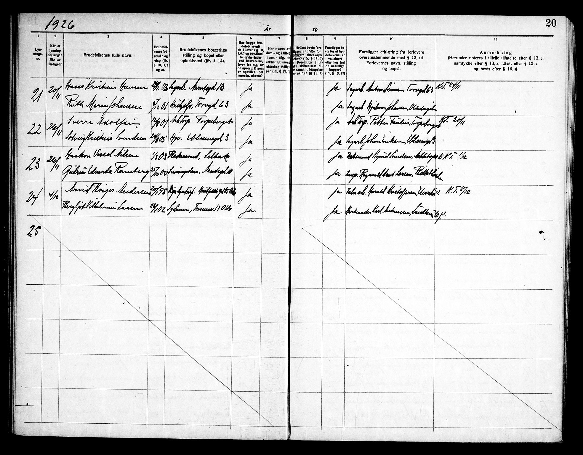 Østre Fredrikstad prestekontor Kirkebøker, SAO/A-10907/H/Ha/L0001: Lysningsprotokoll nr. 1, 1919-1951, s. 20