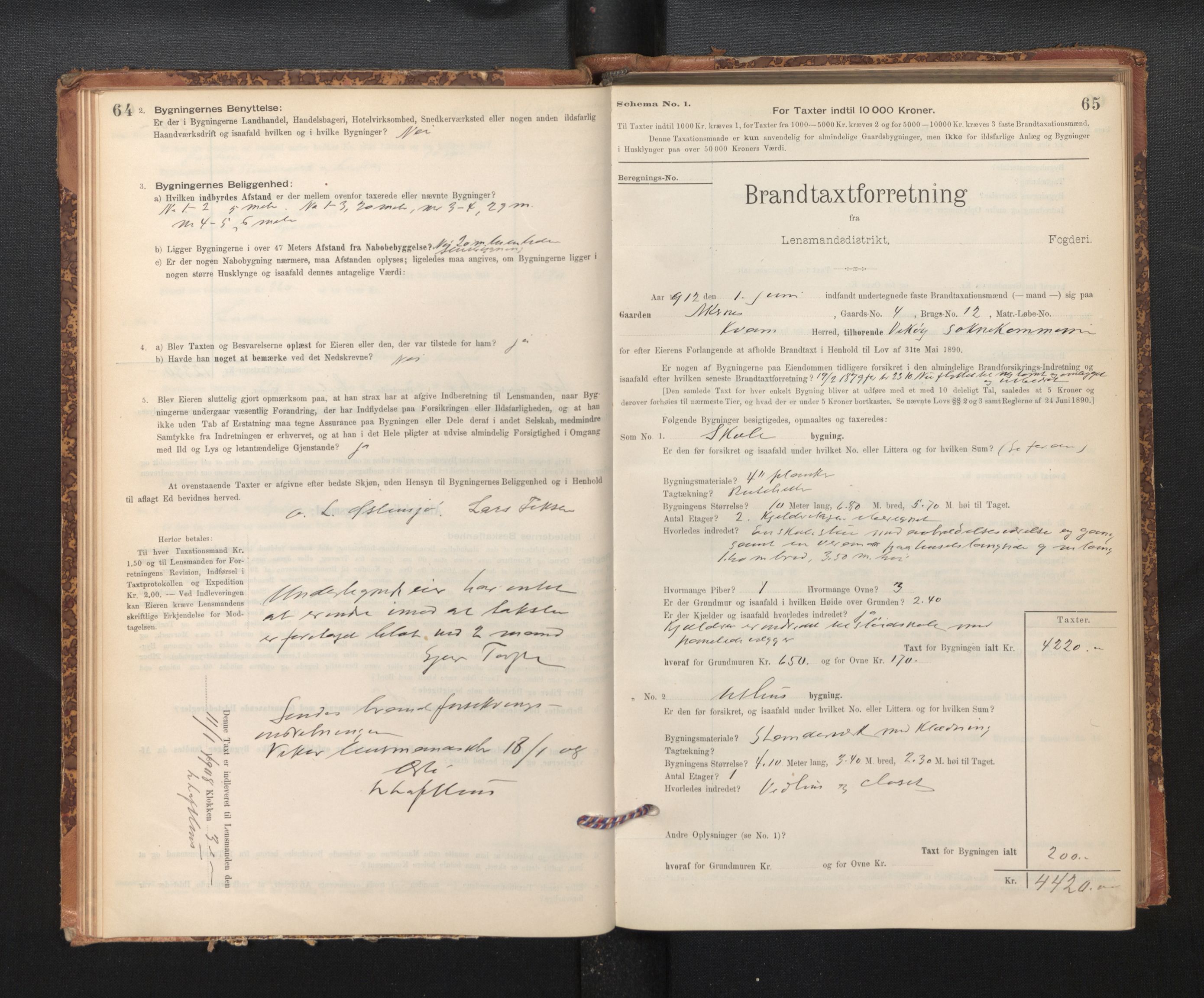 Lensmannen i Kvam, AV/SAB-A-33201/0012/L0005: Branntakstprotokoll, skjematakst, 1894-1913, s. 64-65