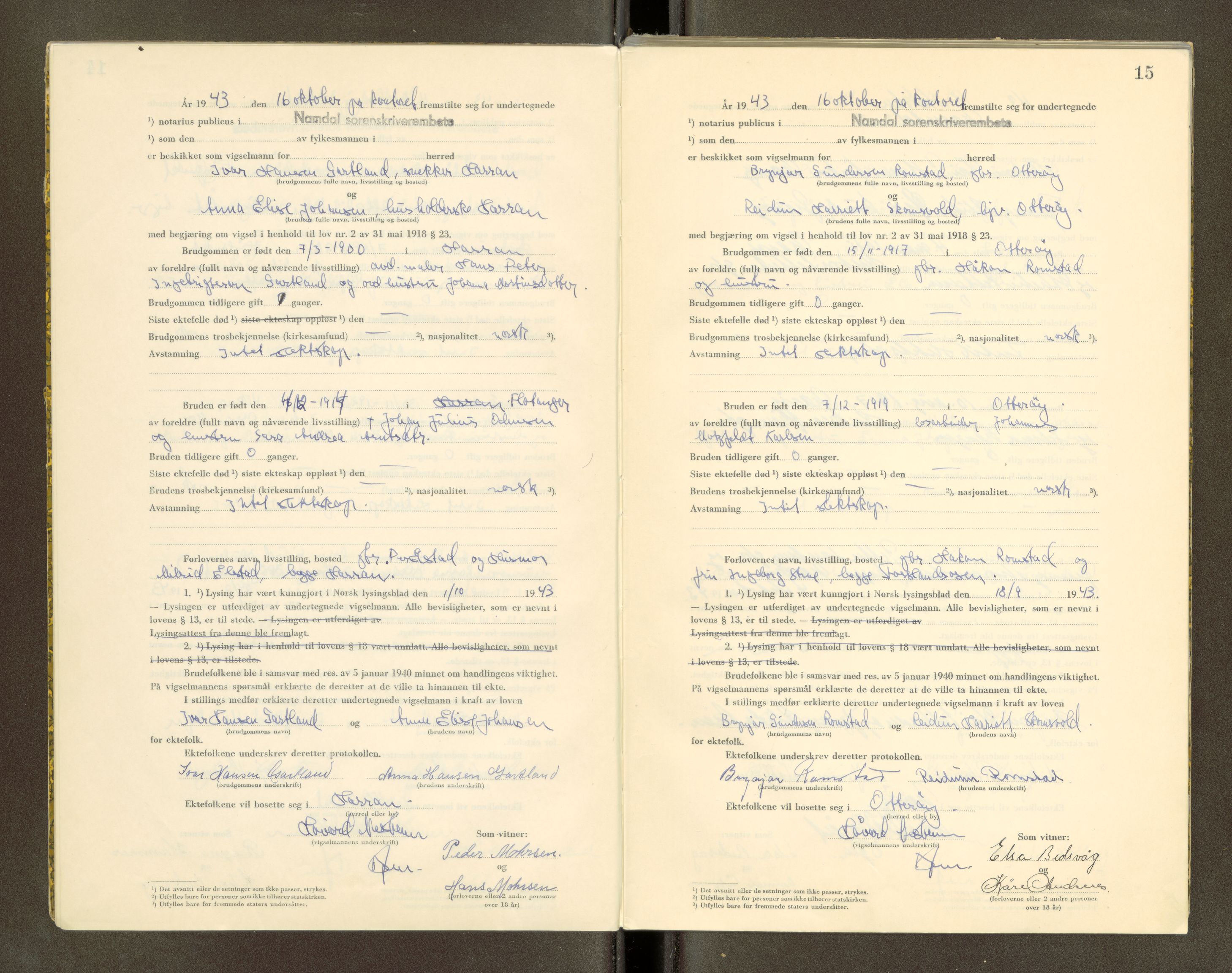 Namdal sorenskriveri, SAT/A-4133/1/6/6D/L0001: Vigselbøker, 1940-1948, s. 15