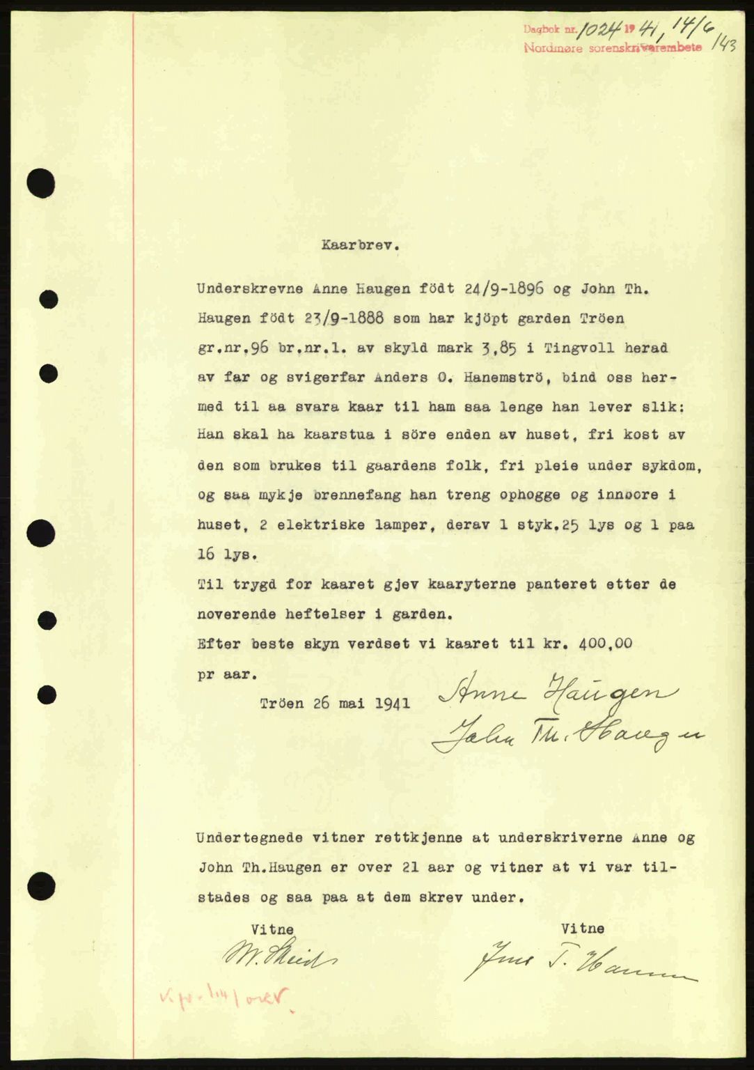 Nordmøre sorenskriveri, SAT/A-4132/1/2/2Ca: Pantebok nr. B88, 1941-1942, Dagboknr: 1024/1941