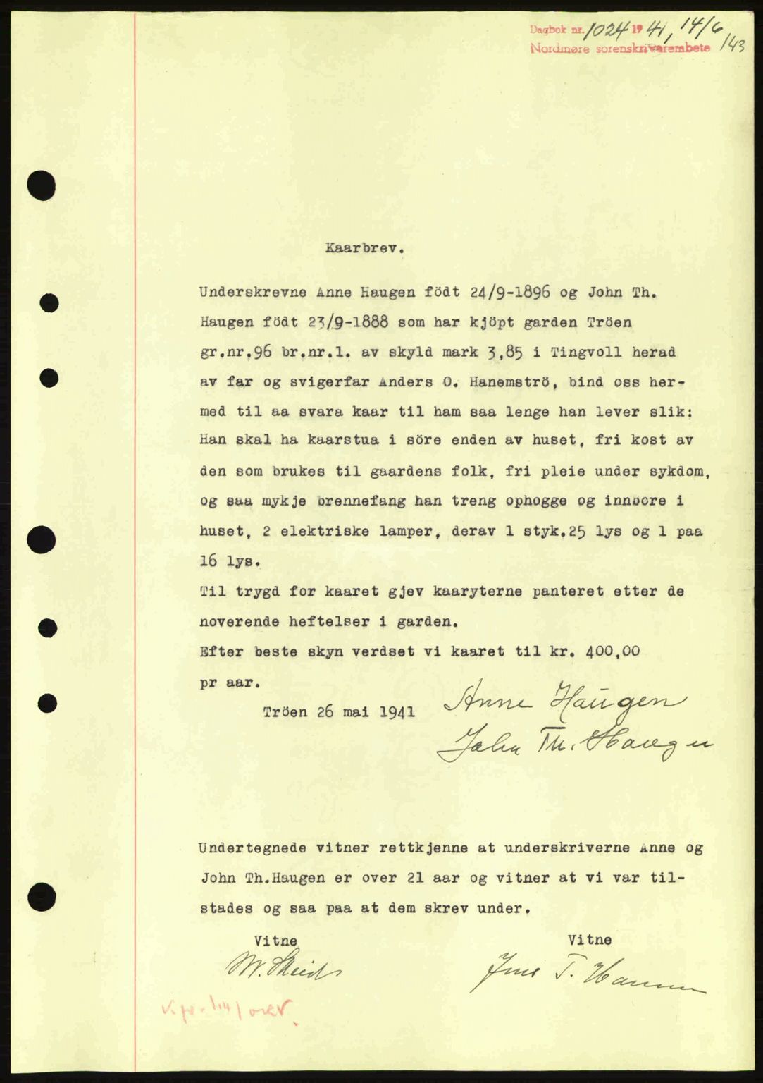 Nordmøre sorenskriveri, AV/SAT-A-4132/1/2/2Ca: Pantebok nr. B88, 1941-1942, Dagboknr: 1024/1941