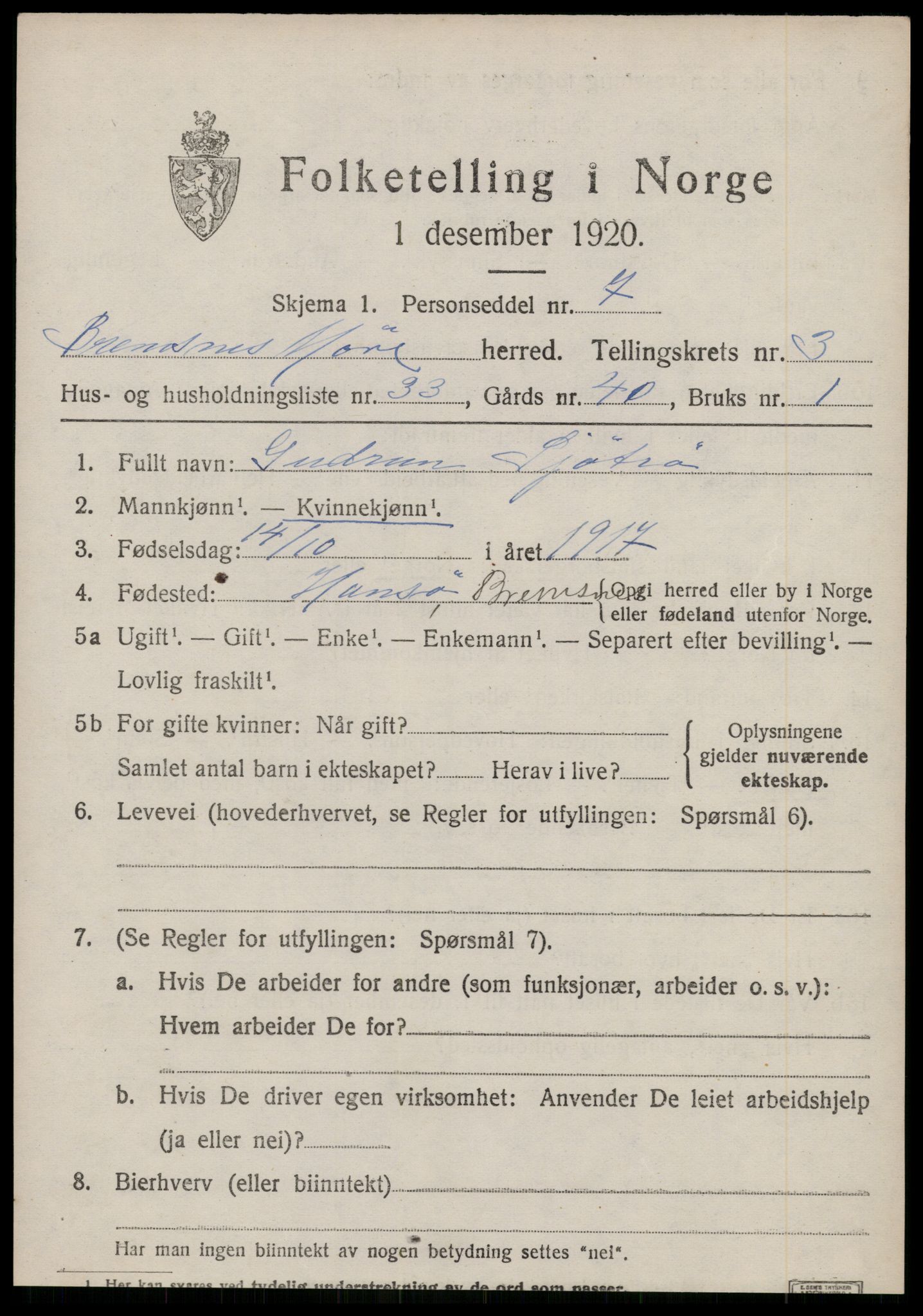 SAT, Folketelling 1920 for 1554 Bremsnes herred, 1920, s. 3819