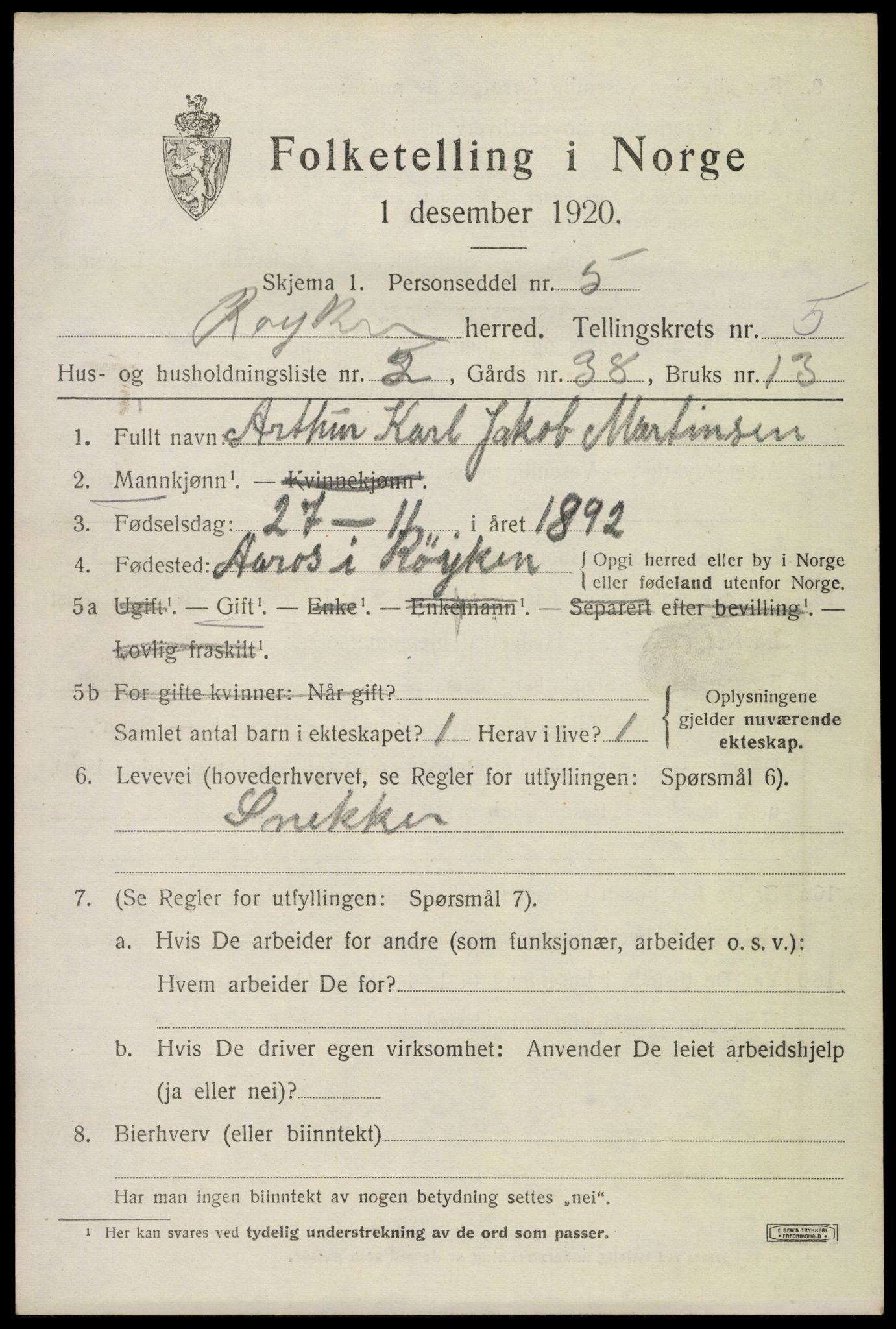 SAKO, Folketelling 1920 for 0627 Røyken herred, 1920, s. 9126