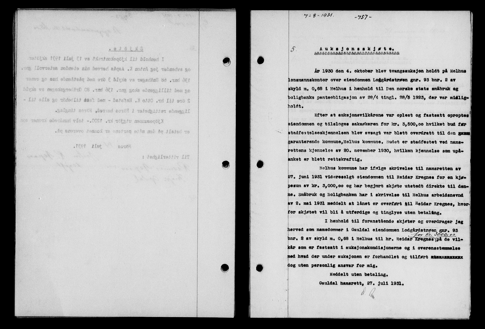 Gauldal sorenskriveri, SAT/A-0014/1/2/2C/L0041: Pantebok nr. 42-43, 1930-1931, Tingl.dato: 07.08.1931