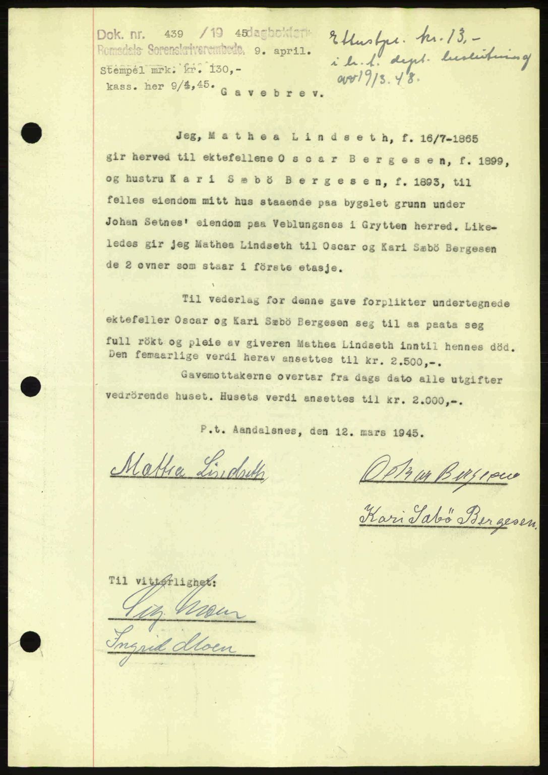 Romsdal sorenskriveri, SAT/A-4149/1/2/2C: Pantebok nr. A17, 1944-1945, Dagboknr: 439/1945